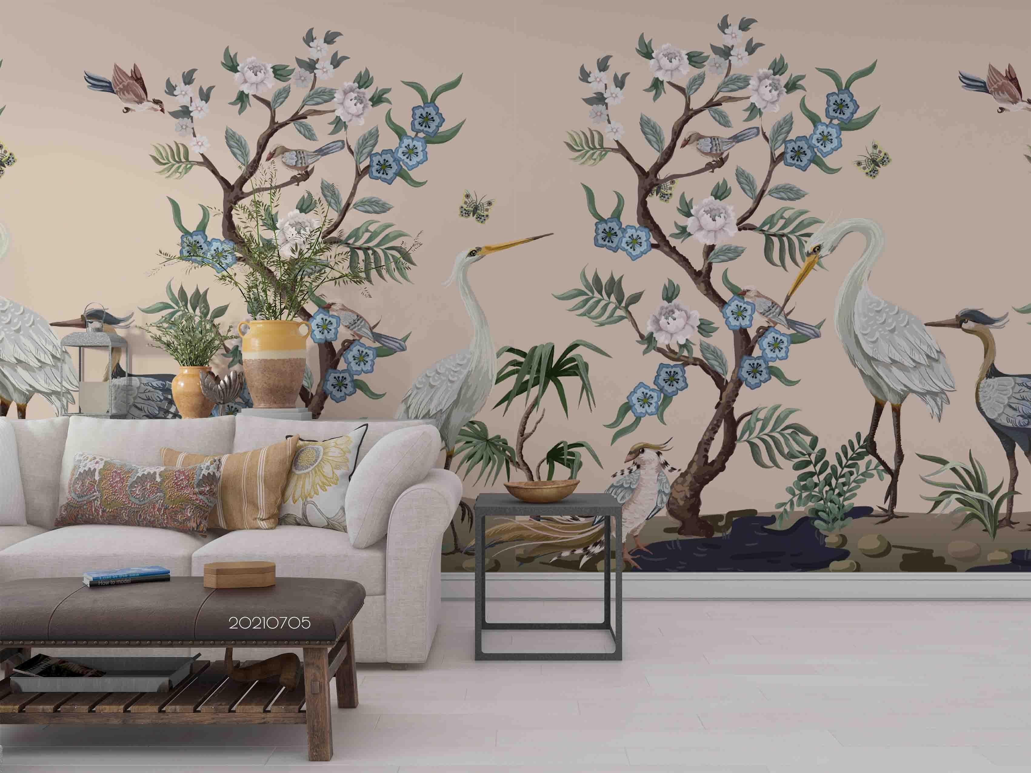 3D Hand Drawn Floral Tree Crane Wall Mural Wallpaper LQH 125- Jess Art Decoration