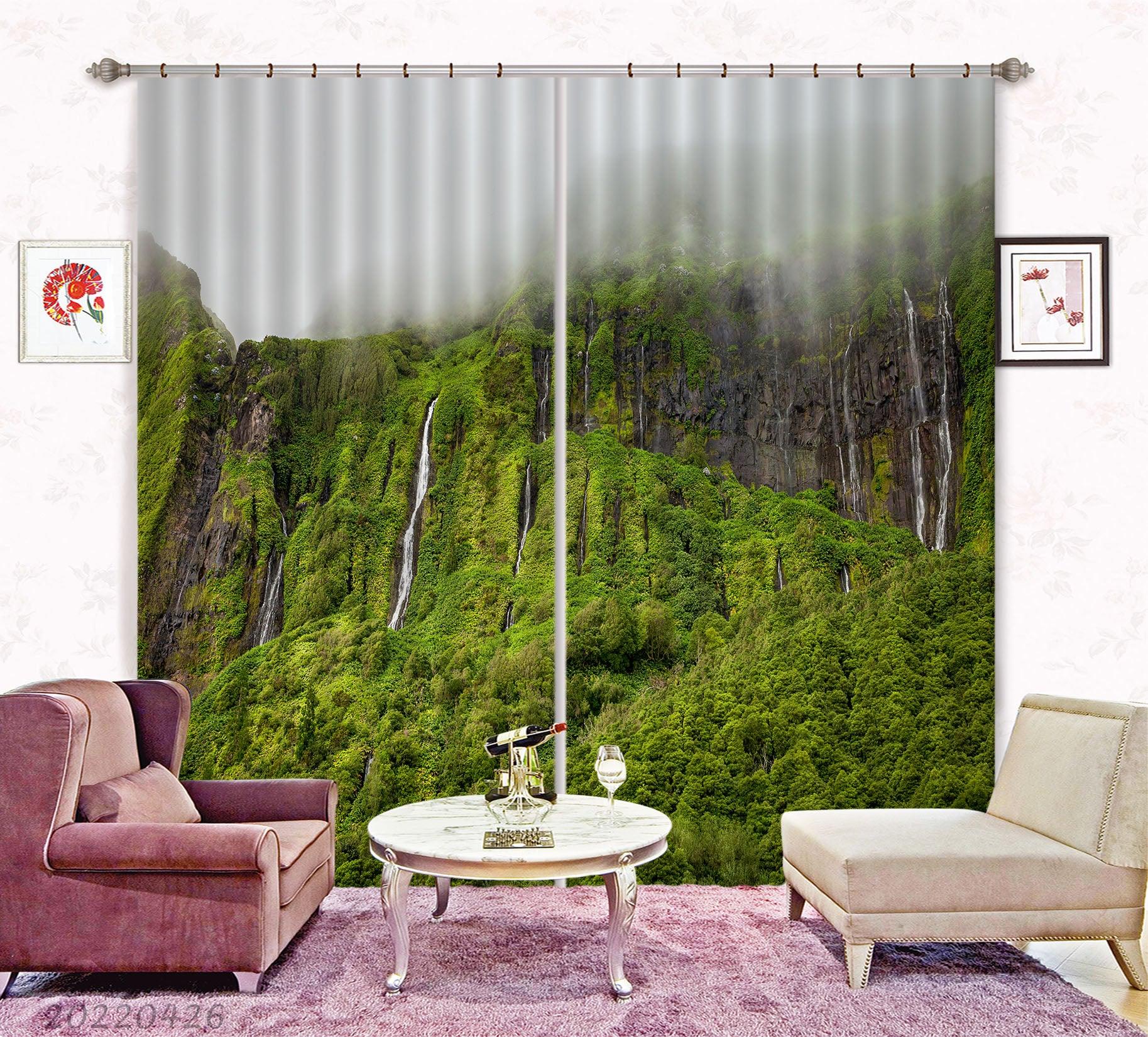3D Landscape Mountain Waterfall Forest Green Trees Misty Curtains and Drapes GD 4861- Jess Art Decoration