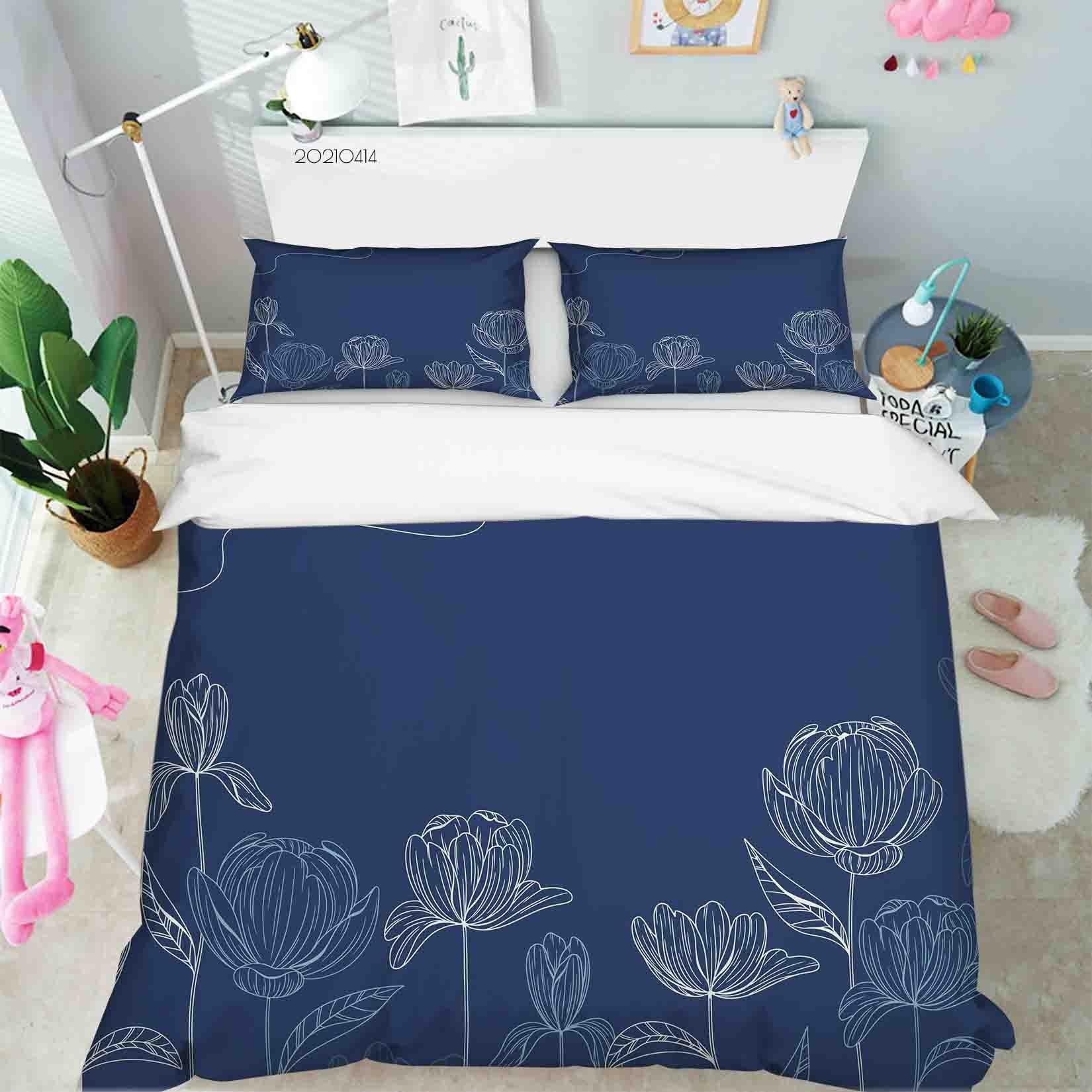 3D Hand Drawn Blue Lotus Floral Quilt Cover Set Bedding Set Duvet Cover Pillowcases 50- Jess Art Decoration