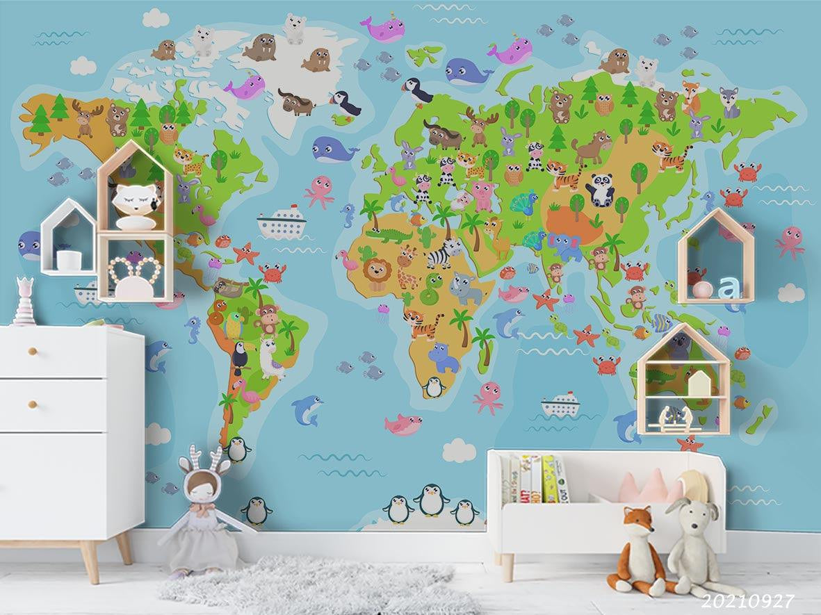 3D Blue World Map Kids Wall Mural Wallpaper LQH 150- Jess Art Decoration