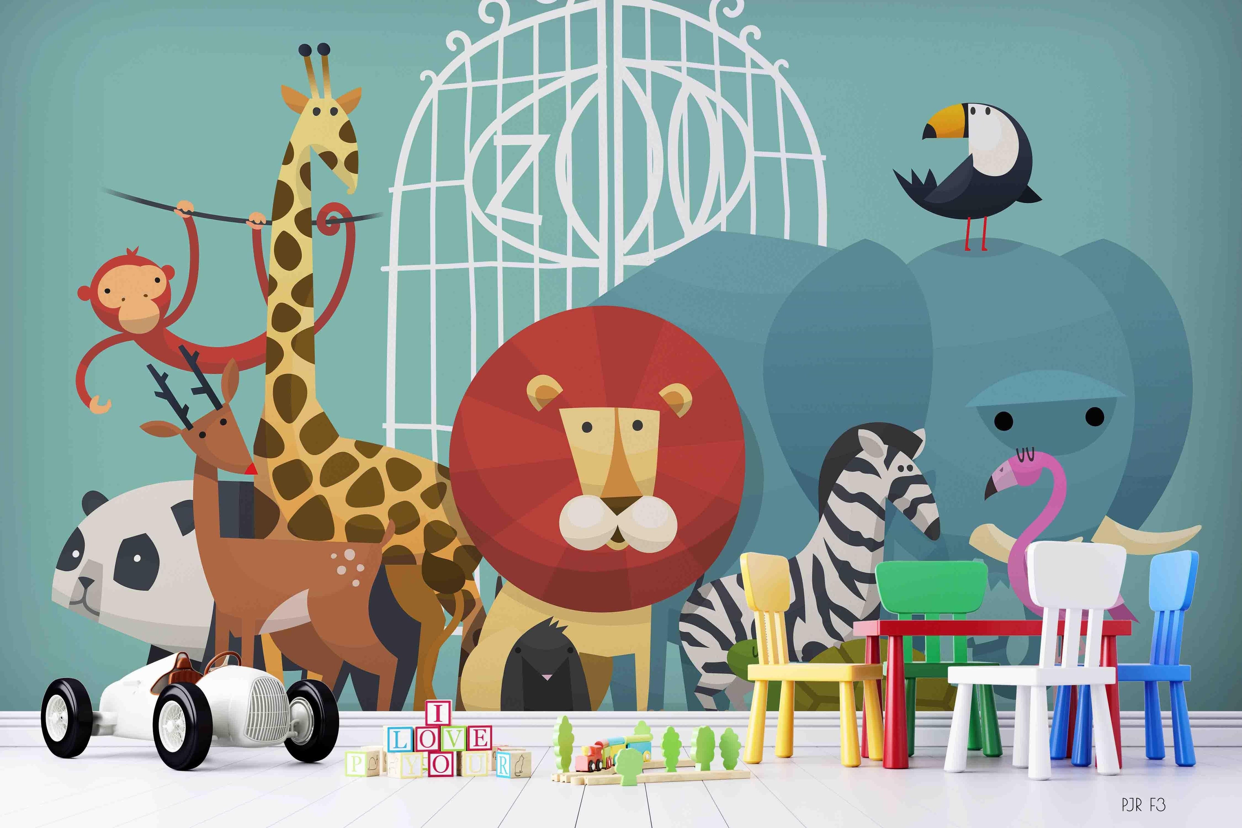 3D Safari Animal Parade cartoon safari animal mural wall mural wallpaper for playroom