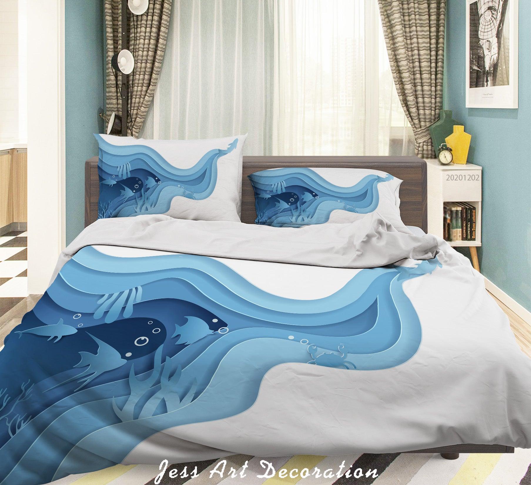 3D Abstract Hand Drawn Blue Ocean Coral Fish Quilt Cover Set Bedding Set Duvet Cover Pillowcases LXL- Jess Art Decoration
