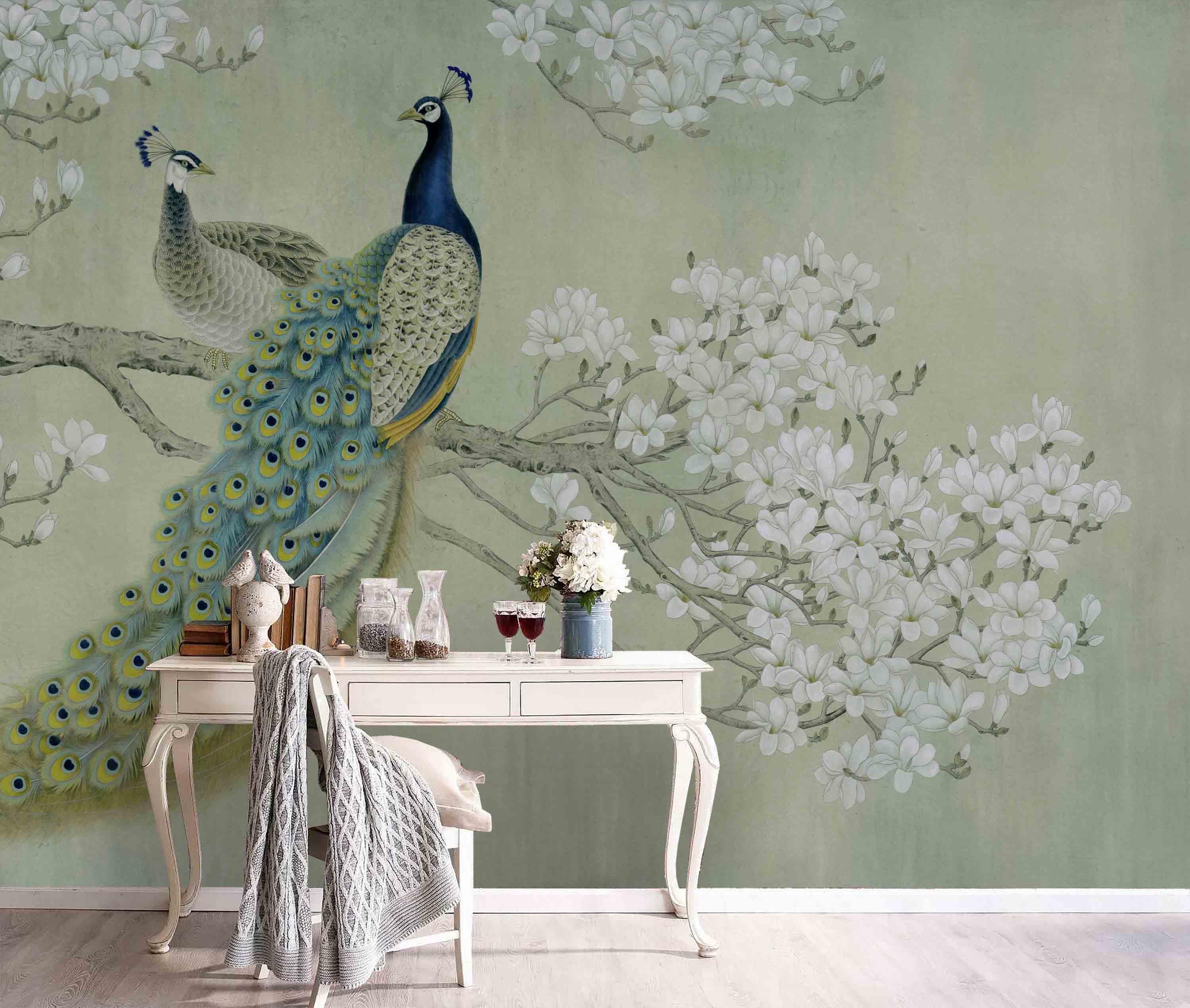 3D Peacock Blossom Branch Wall Mural Wallpaper 225- Jess Art Decoration