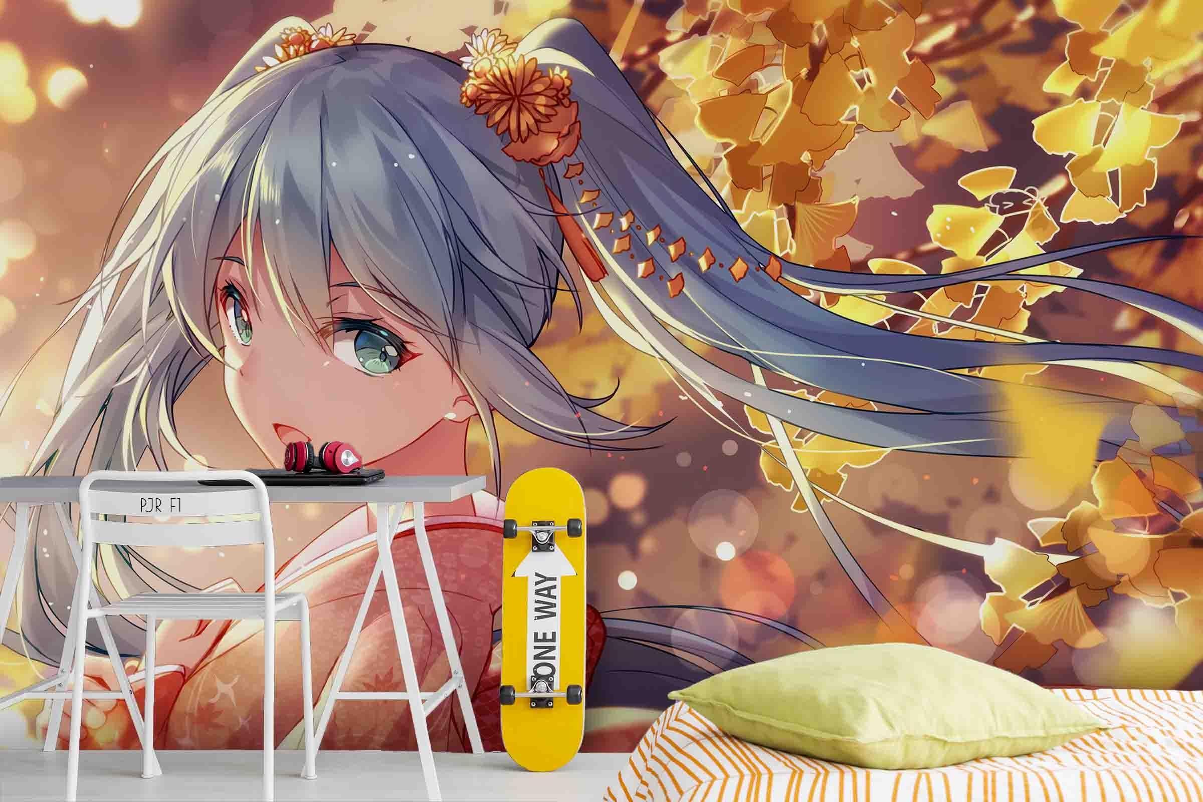 3D Ginkgo Anime Girl ginkgo leaf anime girl mural wall mural wallpaper for bedroom - view 2