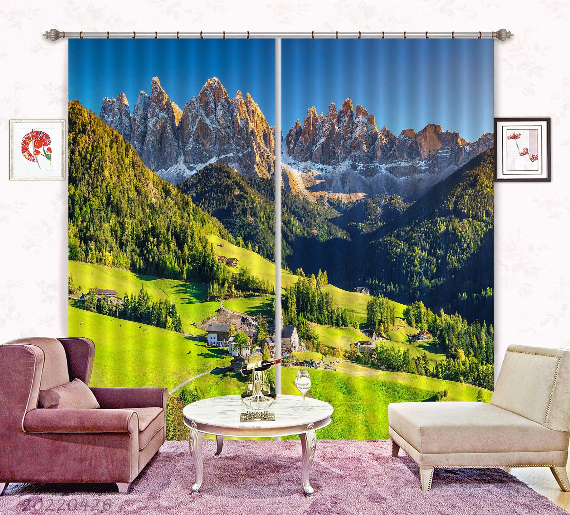 3D Landscape Mountain Peak Forest Green Trees Meadow Curtains and Drapes GD 4901- Jess Art Decoration