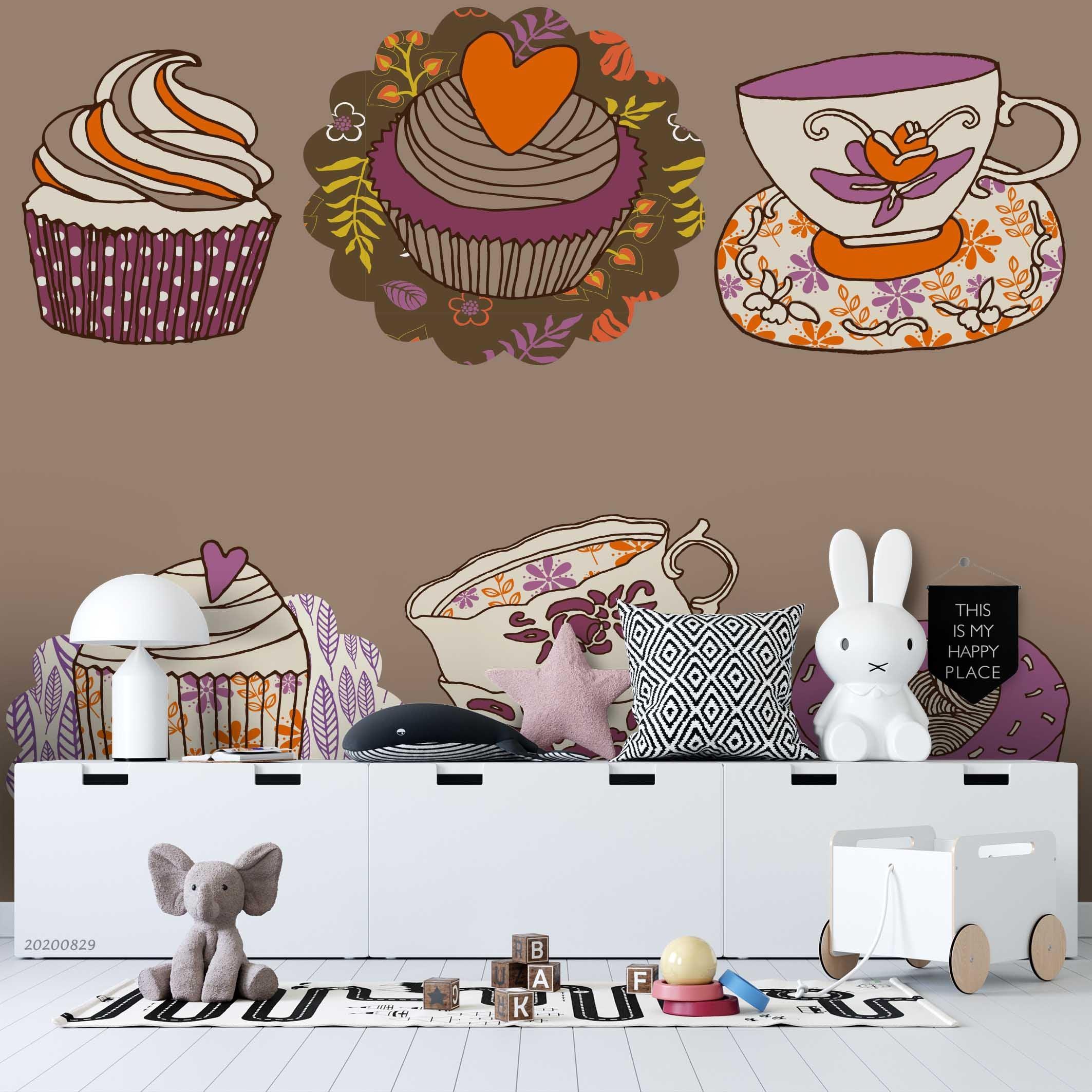 3D Cartoon Colorful Tea Cup Ice Cream Wall Mural Wallpaper LXL 1556- Jess Art Decoration