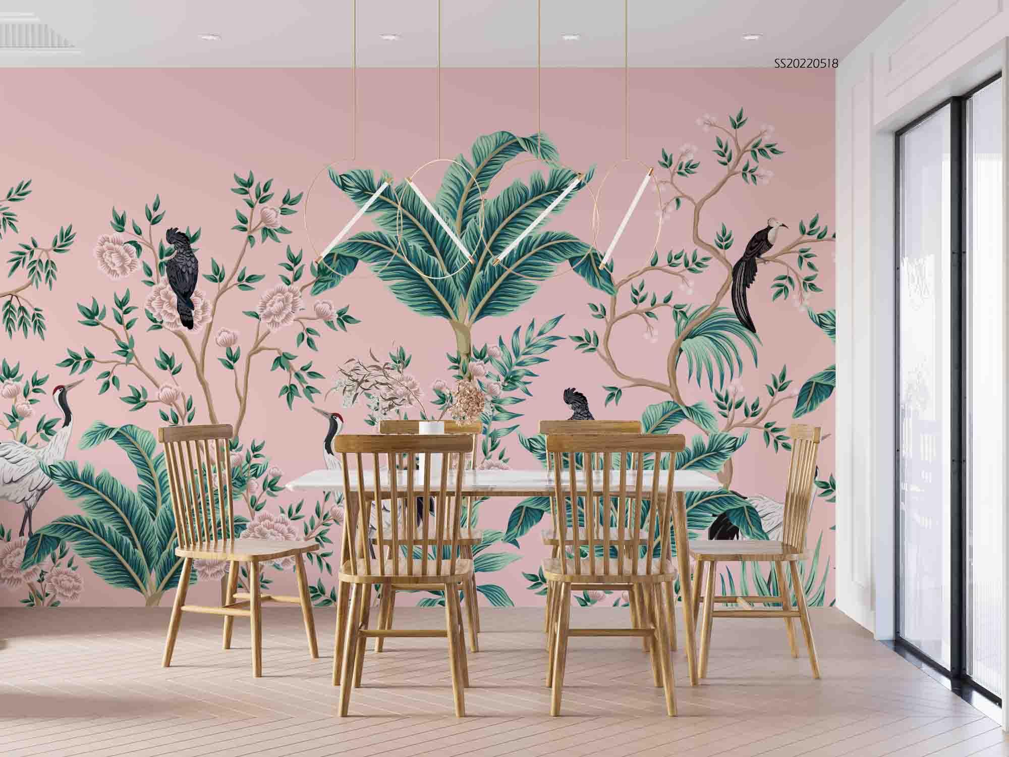 3D Pink Background Plant Bird Wall Mural Wallpaper  SWW  98- Jess Art Decoration