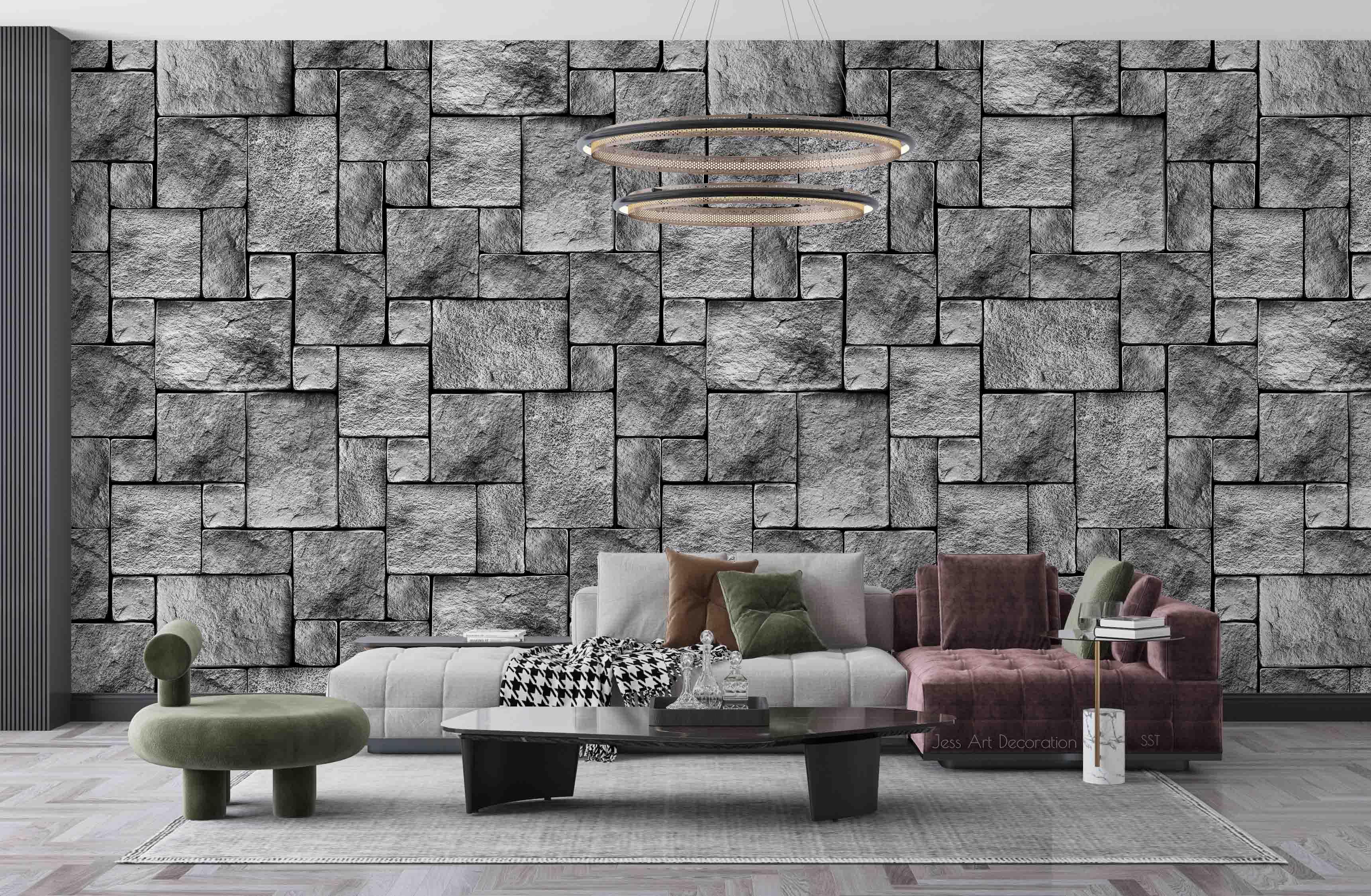 3D Square Stone Blocks grey square stone block texture wall mural wallpaper for dining room - view 2