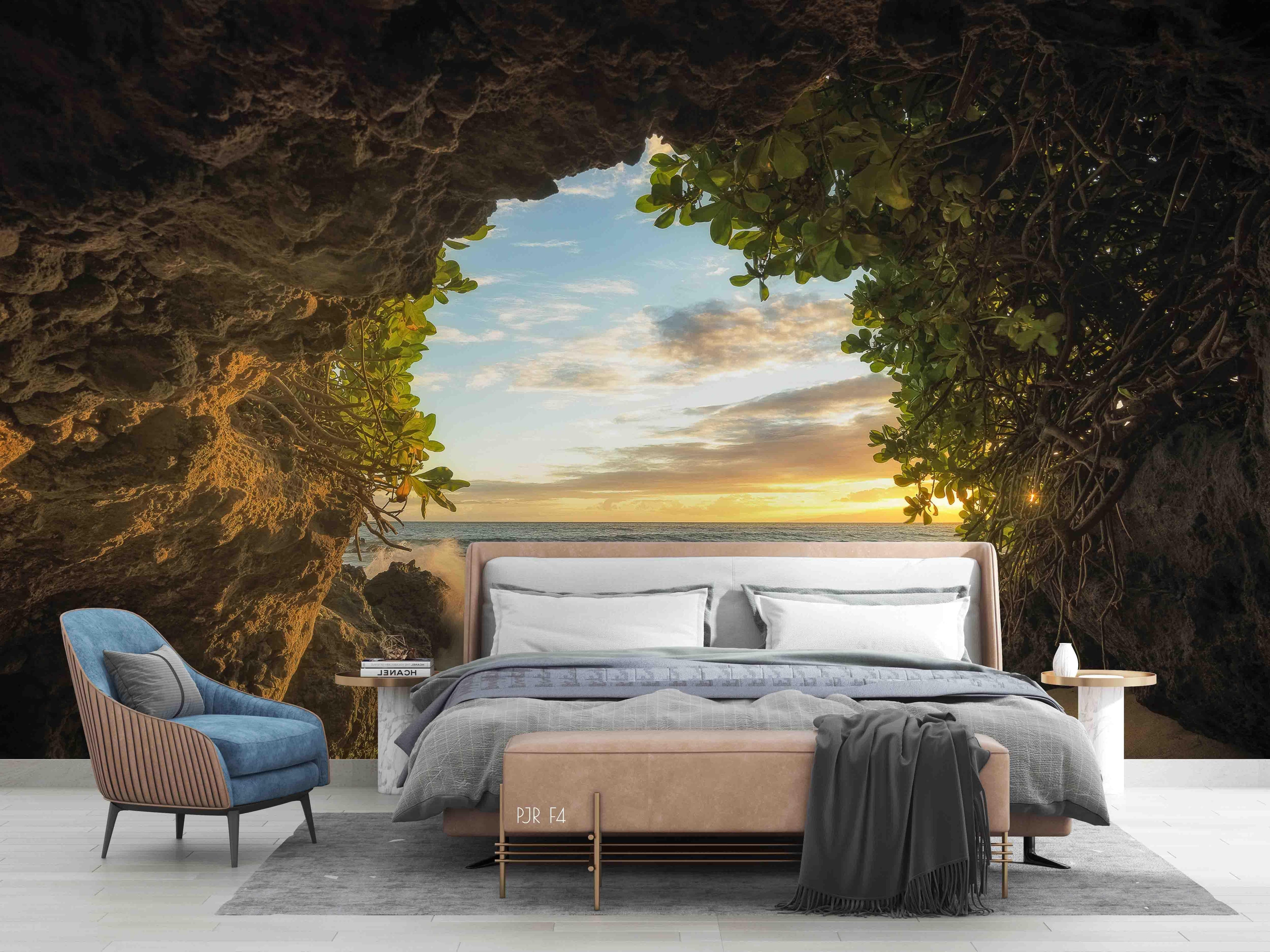3D Cave Sunset Nature cave sunset coastal landscape wall mural wallpaper for bedroom - view 2
