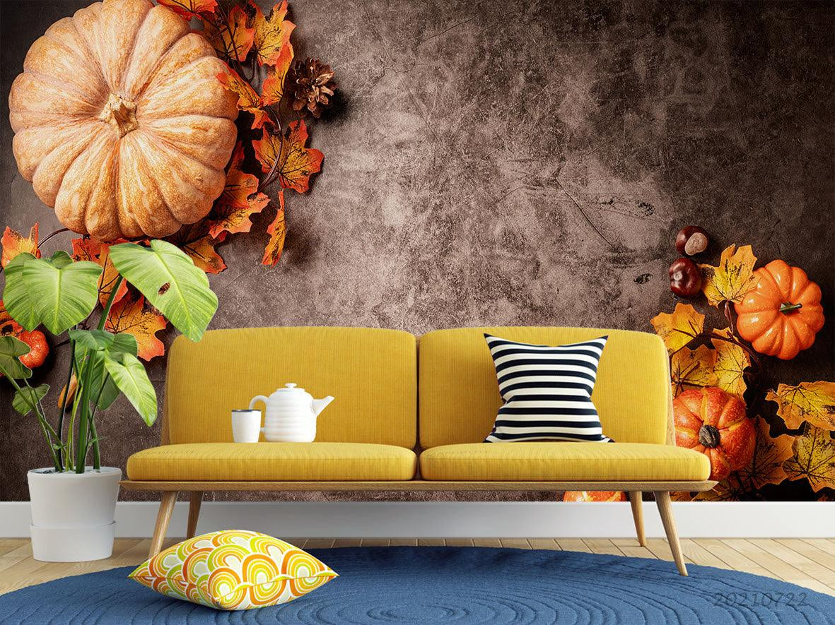 3D Autumn Leaf Pumpkin Wall Mural Wallpaper LQH 504- Jess Art Decoration