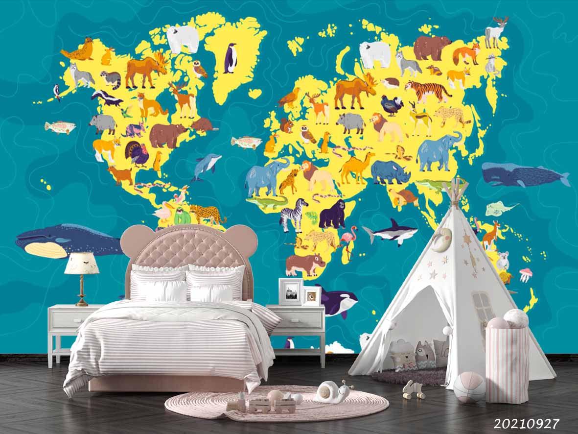 3D Blue World Map Kids Wall Mural Wallpaper LQH 170- Jess Art Decoration