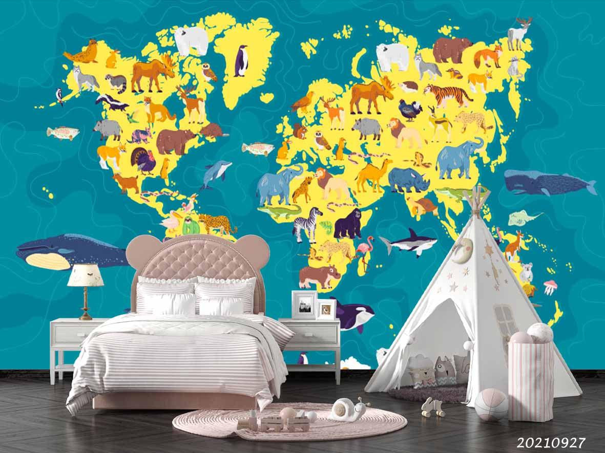 3D Blue World Map Kids Wall Mural Wallpaper LQH 170- Jess Art Decoration