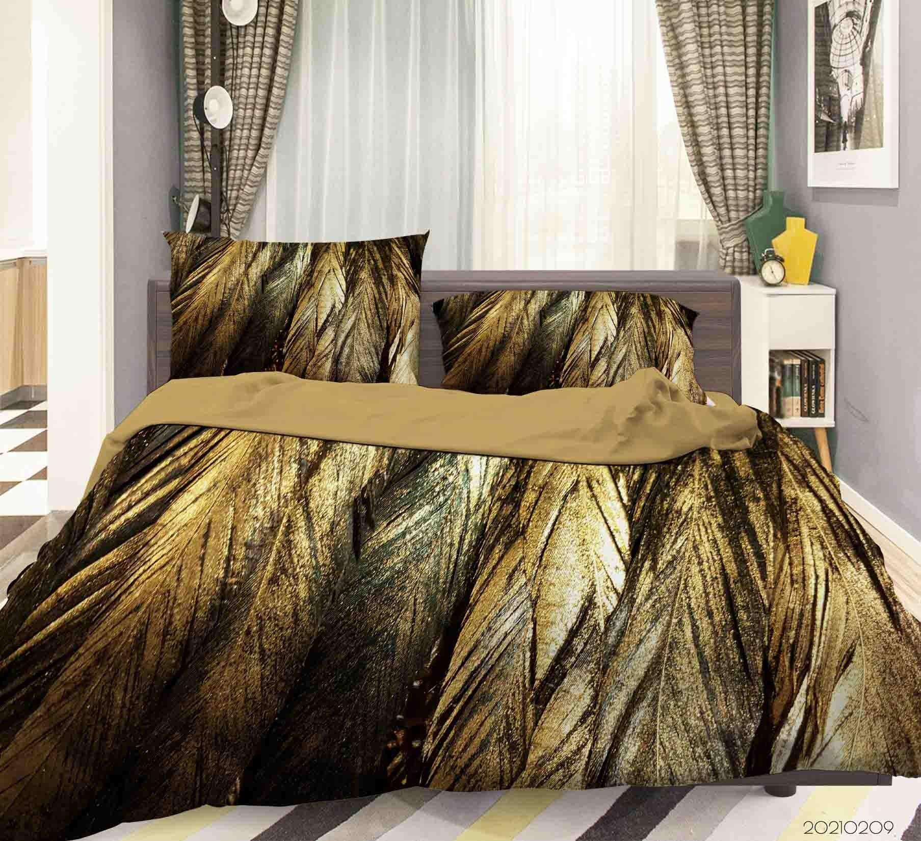 3D Hand Drawn Golden Feather Quilt Cover Set Bedding Set Duvet Cover Pillowcases 281- Jess Art Decoration