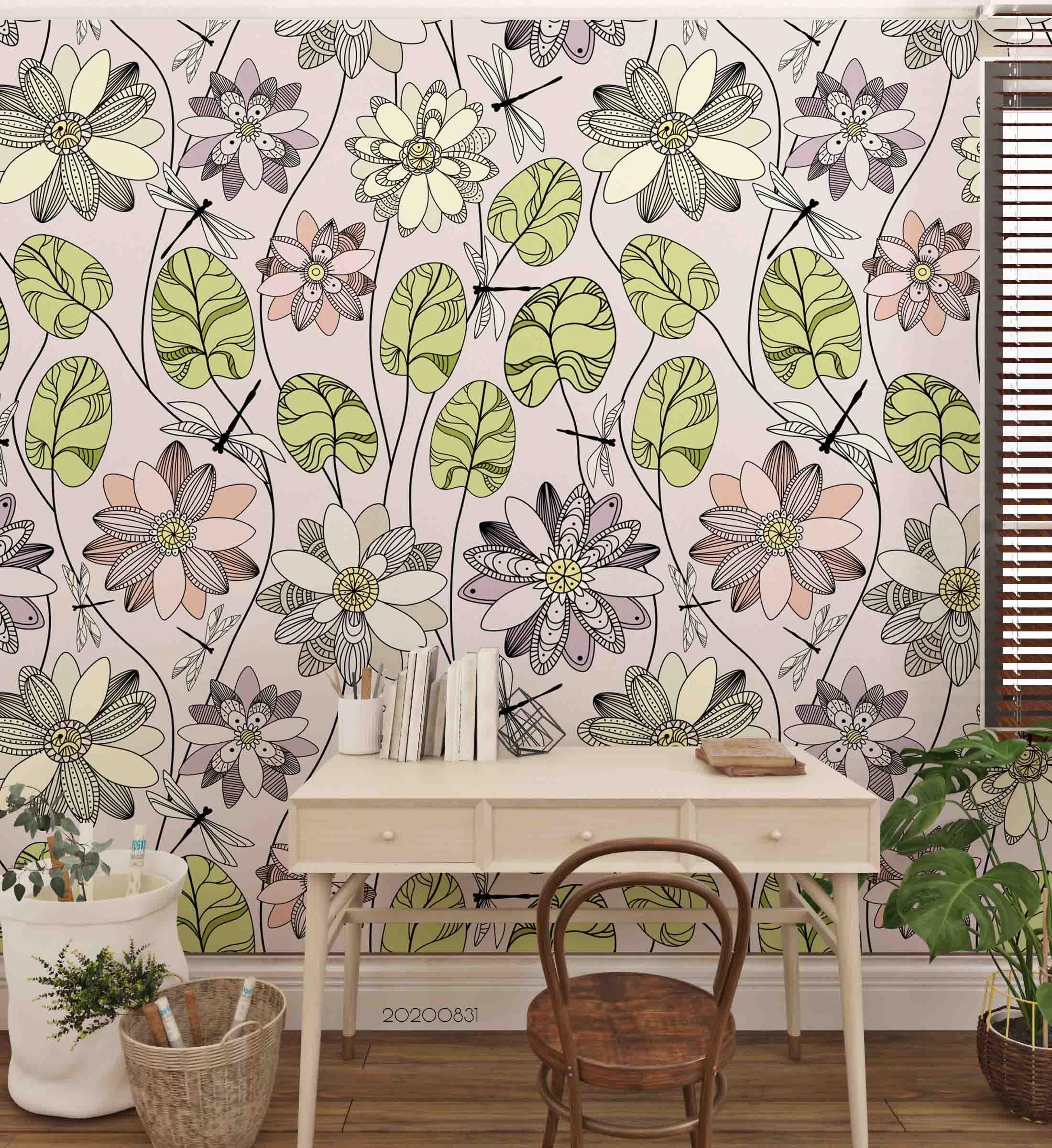 3D Hand Sketching Floral Leaves Plant Wall Mural Wallpaper LXL 1483- Jess Art Decoration