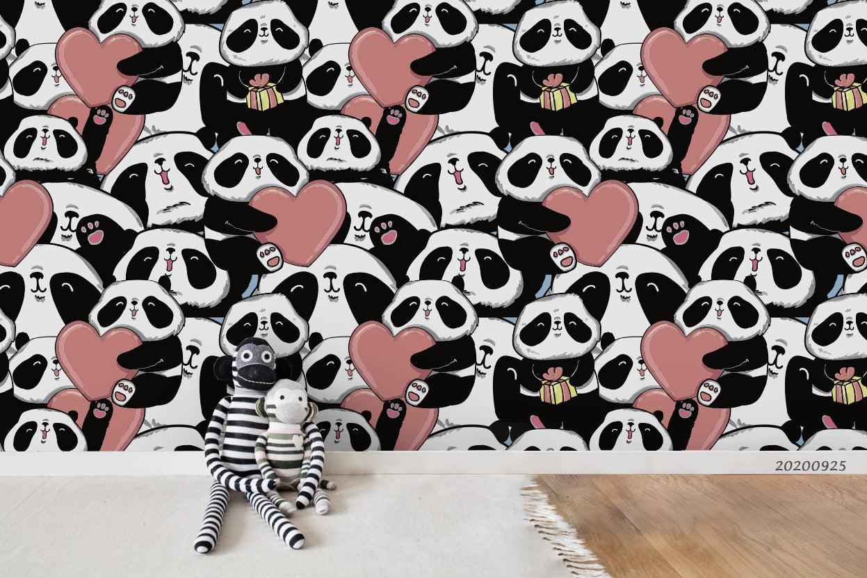 Cartoon Black White Panda Animal Pink Heart Wall Mural Wallpaper LXL- Jess Art Decoration