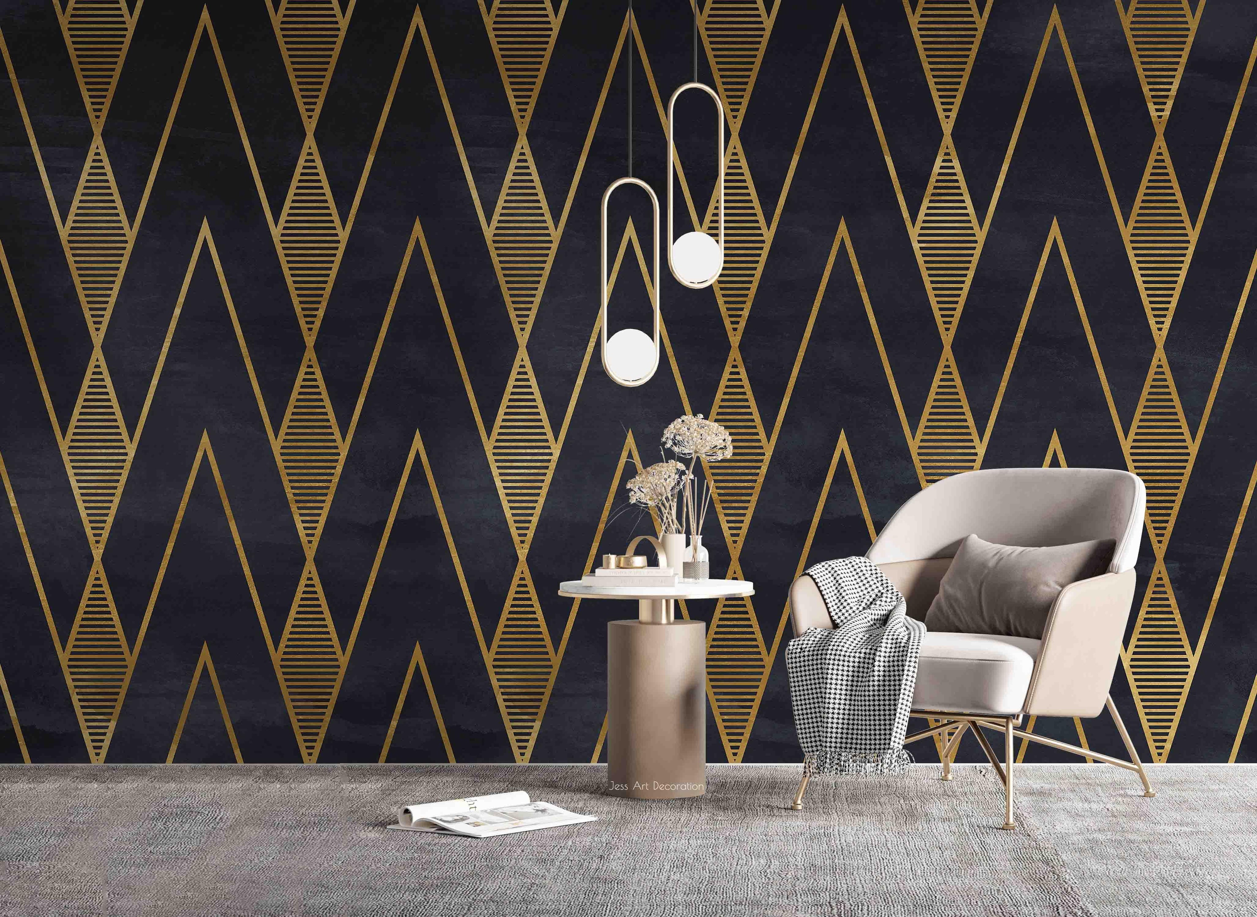 3D Black Gold Geometric Lines black gold geometric line pattern wall mural wallpaper for living room - view 3