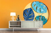 3D Blue Palm Leaves Orange Background Wall Mural Wallpaper 49- Jess Art Decoration