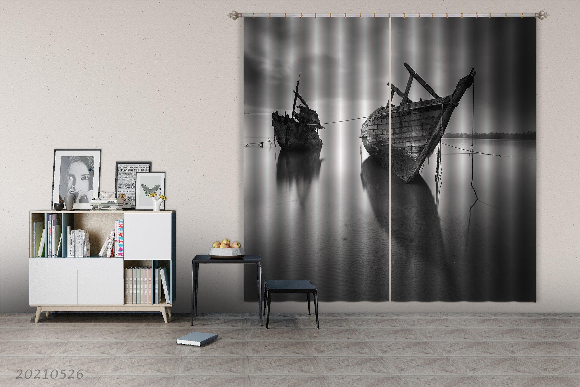 3D Vintage Black Water Surface Boat Curtains and Drapes GD 224- Jess Art Decoration