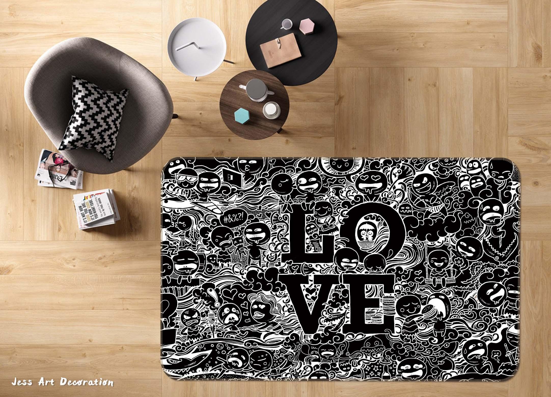 3D Abstract Black Love Graffiti Background Non-Slip Rug Mat A086 LQH- Jess Art Decoration