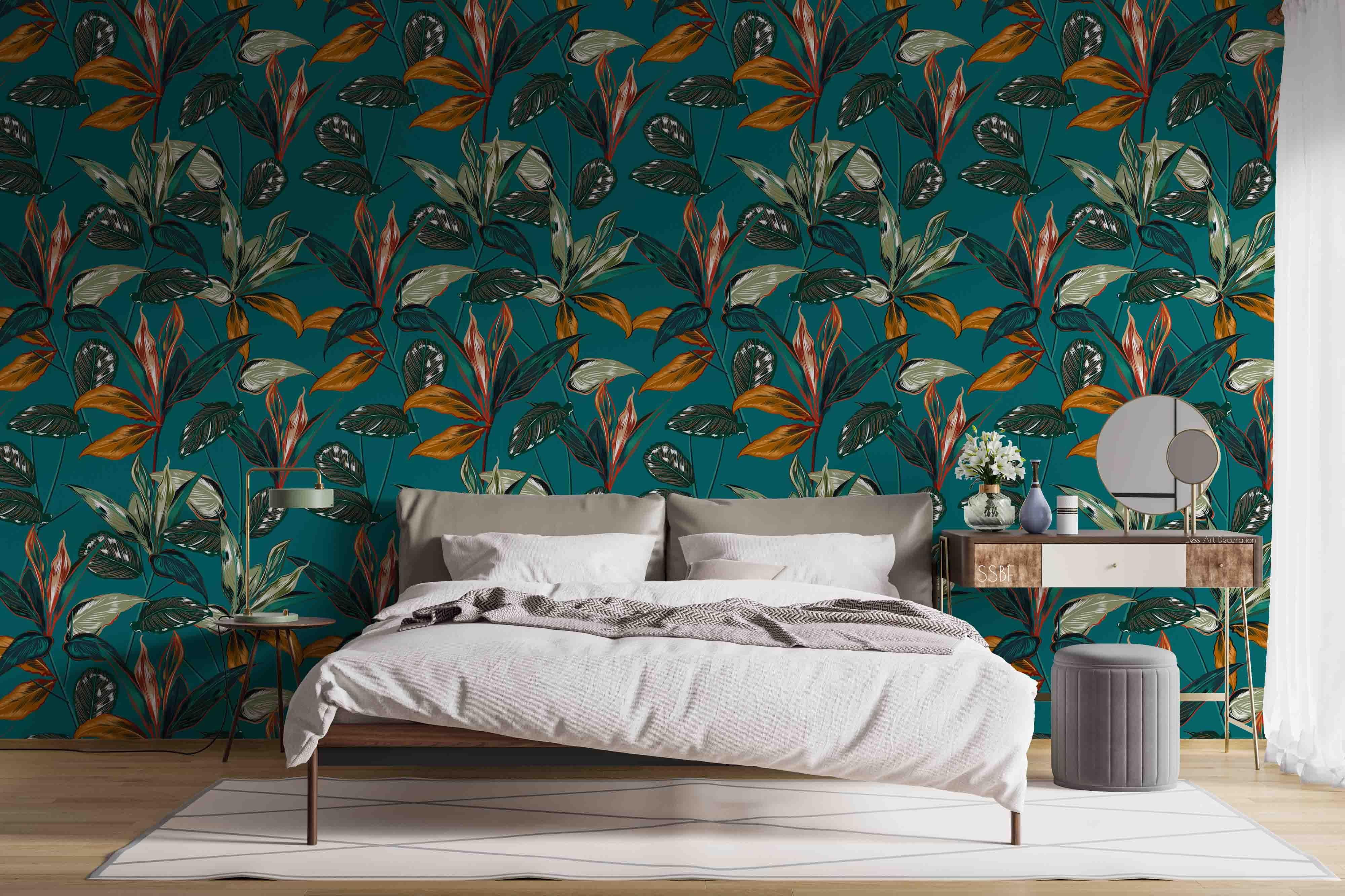 3D Vintage Baroque Art Plant Leaf Blue Background Wall Mural Wallpaper GD 3579- Jess Art Decoration