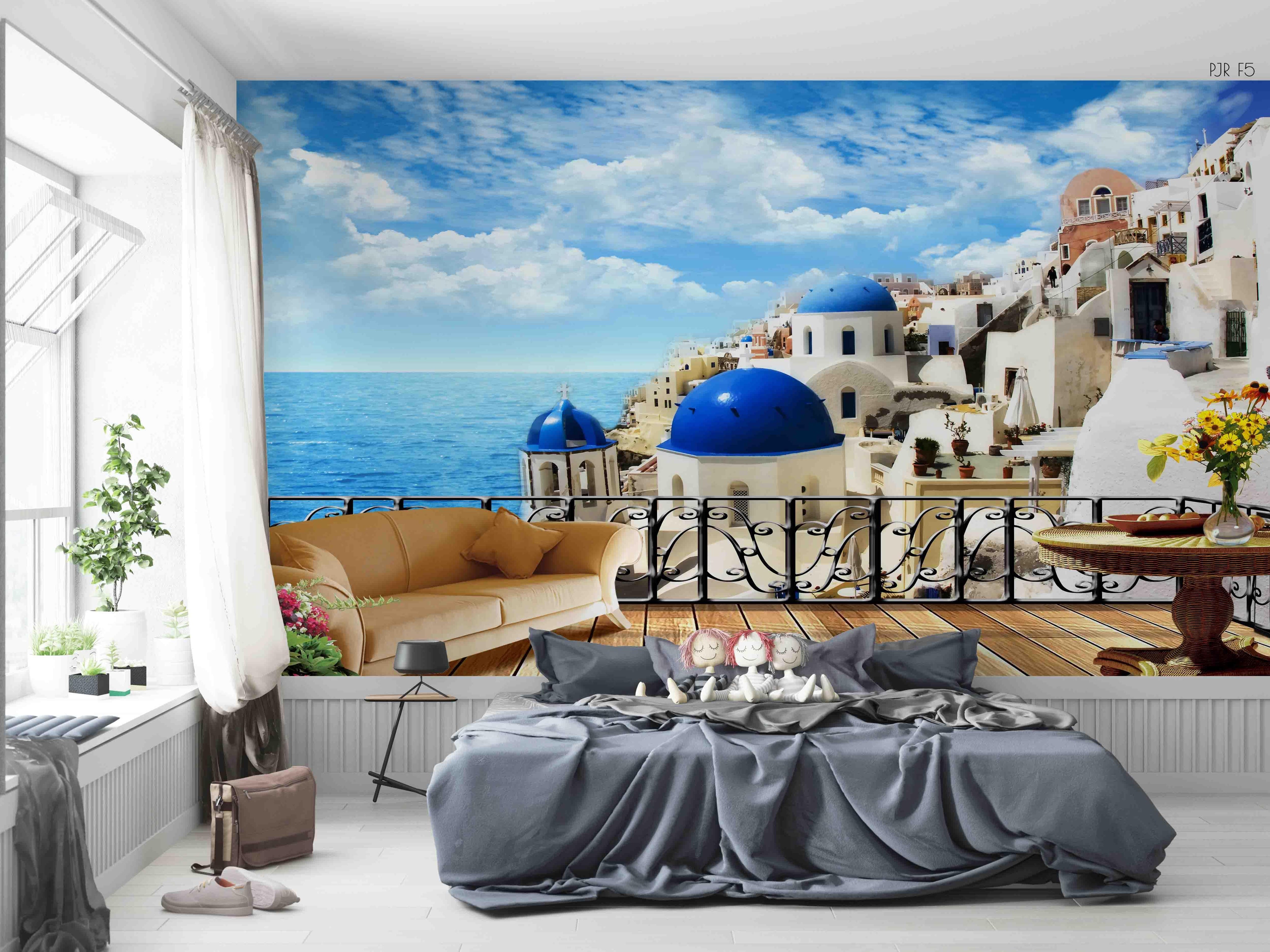 3D Santorini Sea View Santorini seaside architecture wall mural wallpaper for living room - view 4