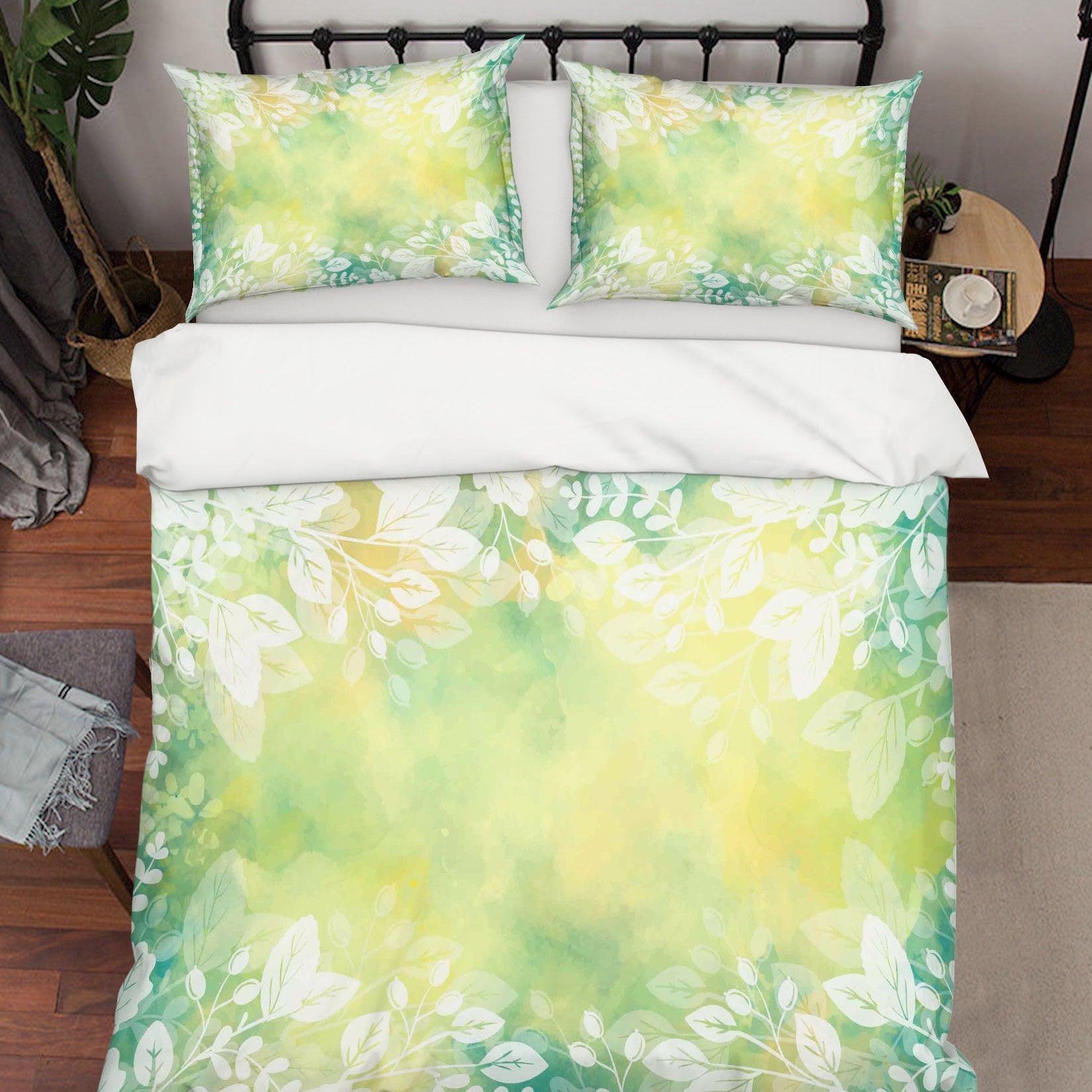 3D White Leaves Green Quilt Cover Set Bedding Set Pillowcases 35- Jess Art Decoration