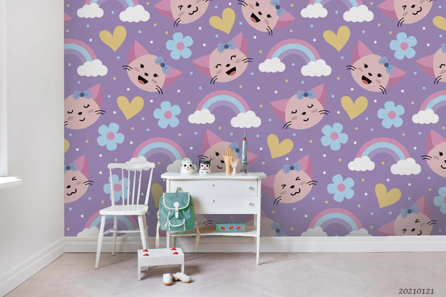 3D Cartoon Animal Cat Rainbow Floral Wall Mural Wallpaper LQH 22- Jess Art Decoration