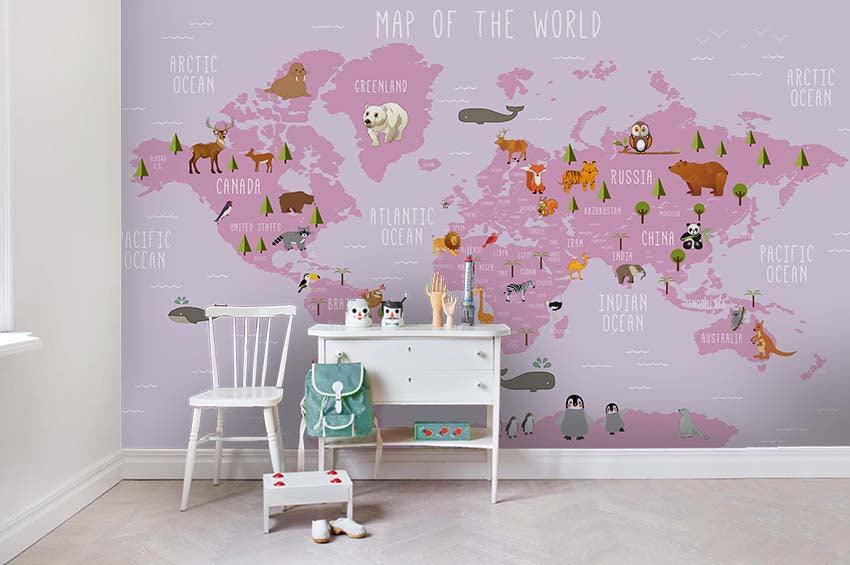 3D World Map Pink Wall Mural Wallpaper LQH 81- Jess Art Decoration