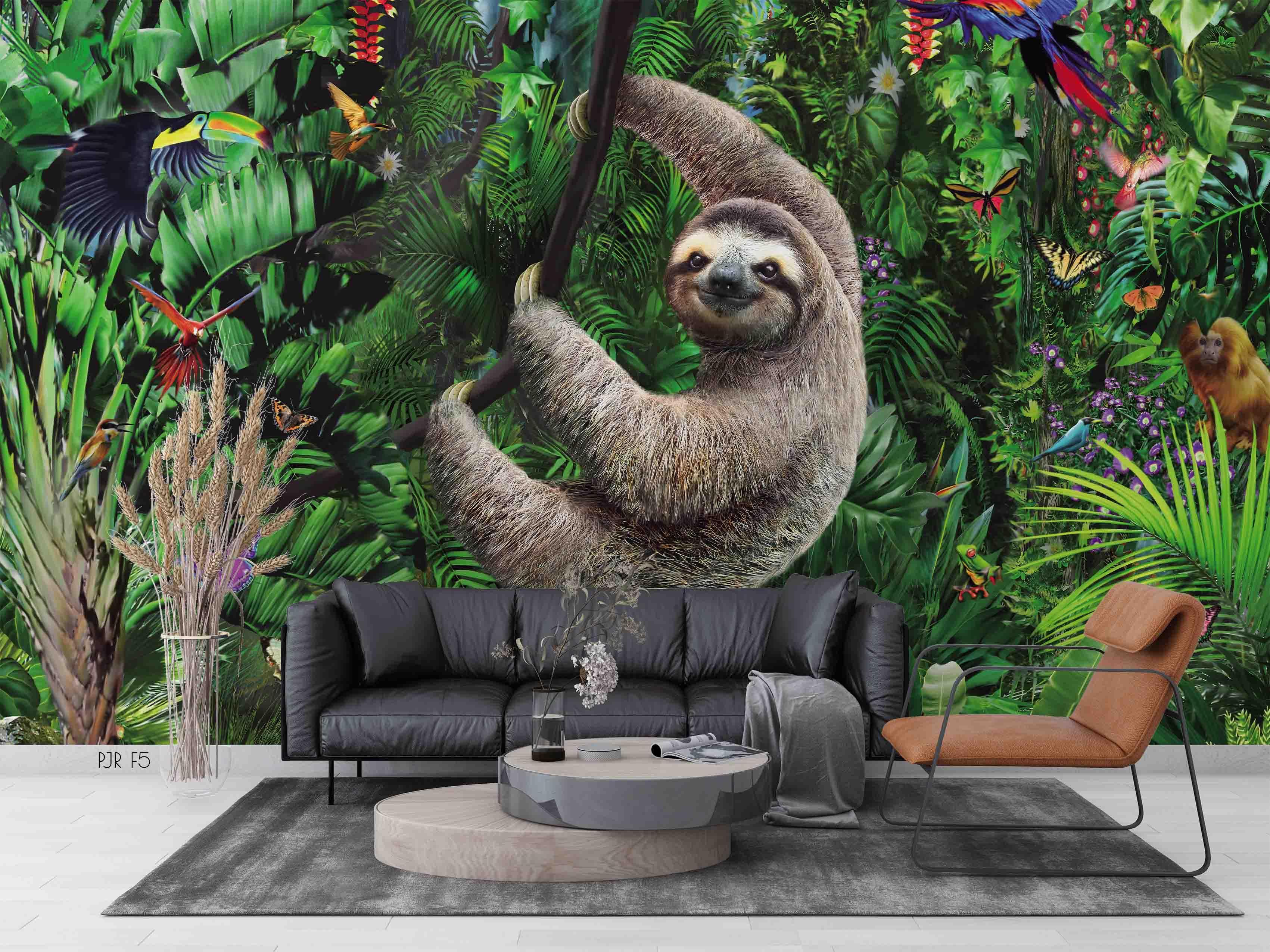 3D Sloth Jungle Animal playful sloth jungle scene wall mural wallpaper for kids room - view 4