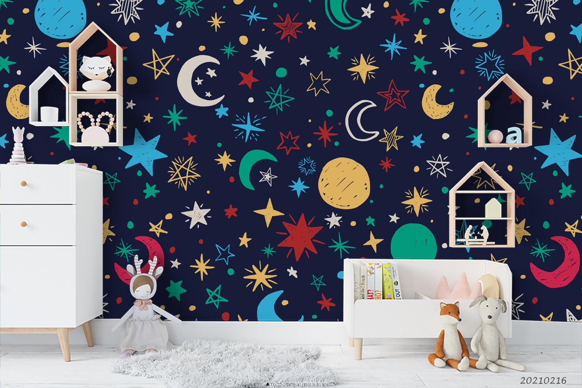 3D Cartoon Space Planet Star Blue Wall Mural Wallpaper LQH 7- Jess Art Decoration