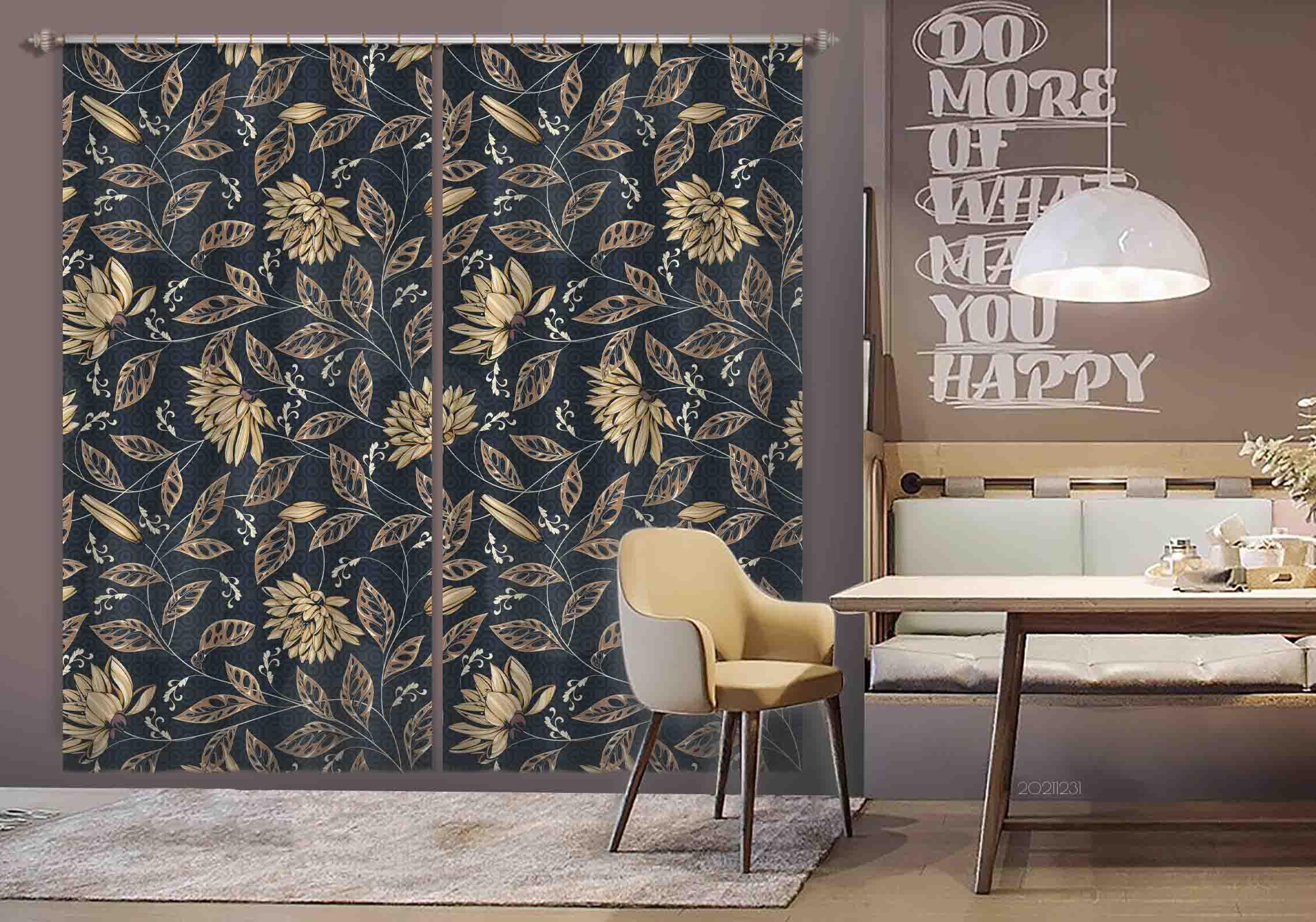 3D Vintage Golden Plant Flower Leaf Curtains and Drapes GD 76- Jess Art Decoration