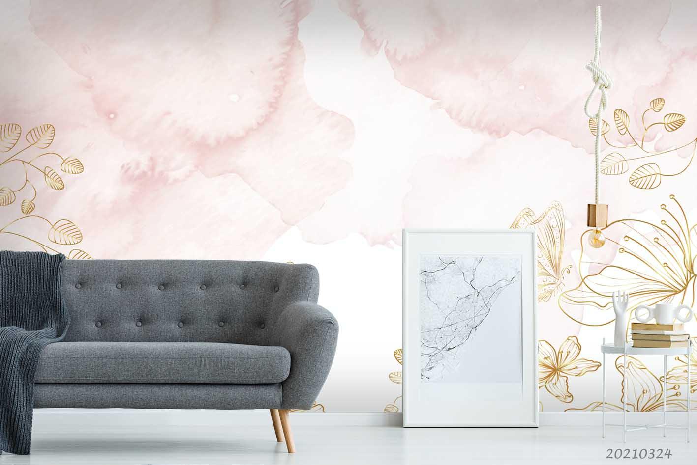 3D Watercolor Golden Floral Wall Mural Wallpaper LQH 46- Jess Art Decoration