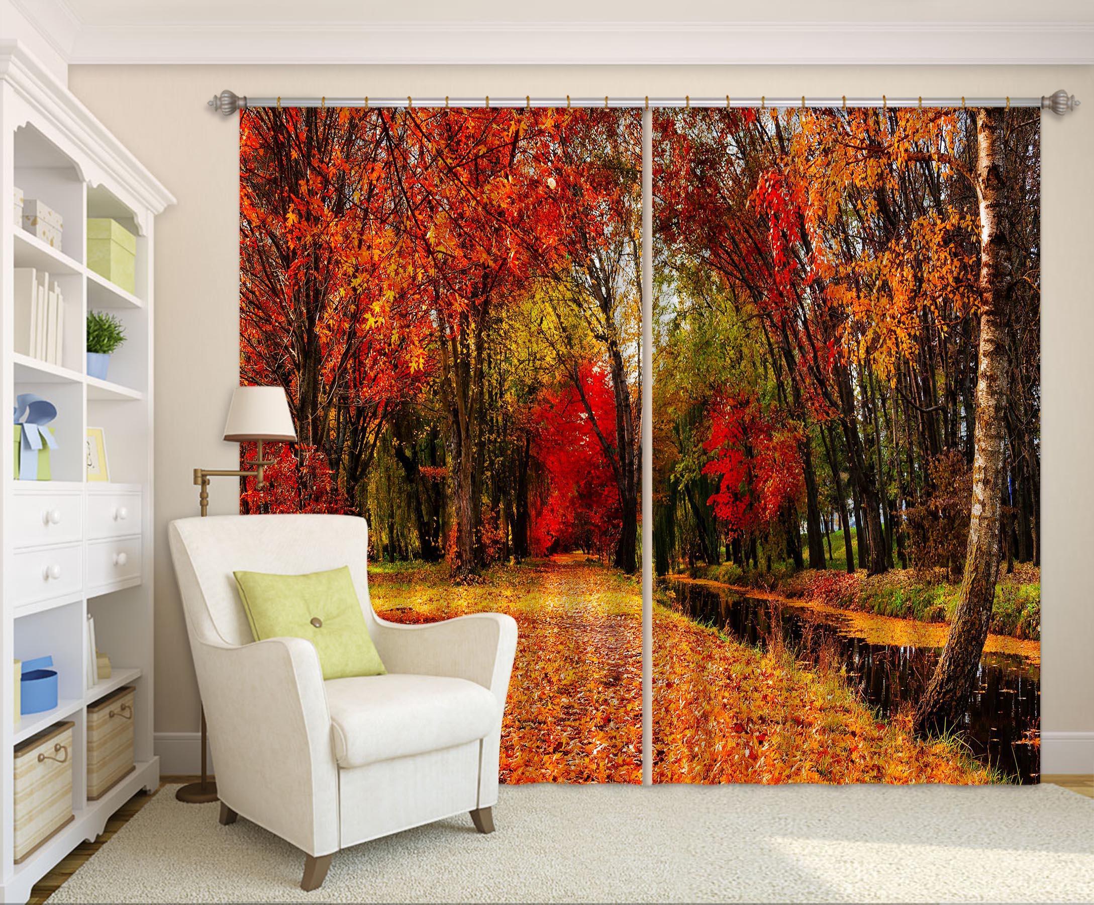 3D Red Golden Fall Forest Curtains and Drapes SF87- Jess Art Decoration