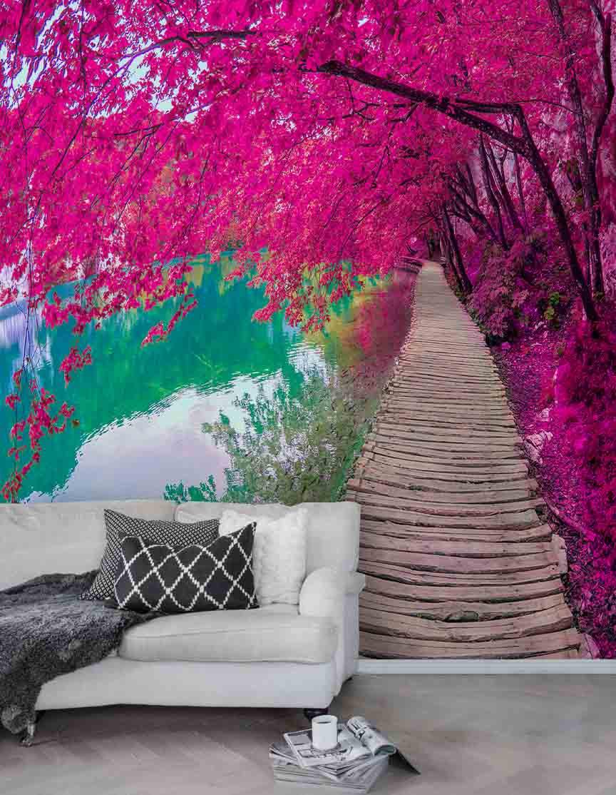 3D Wooden Walkway Forest Blossom River Wall Mural Wallpaper 90- Jess Art Decoration