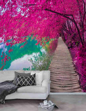 3D Wooden Walkway Forest Blossom River Wall Mural Wallpaper 90- Jess Art Decoration