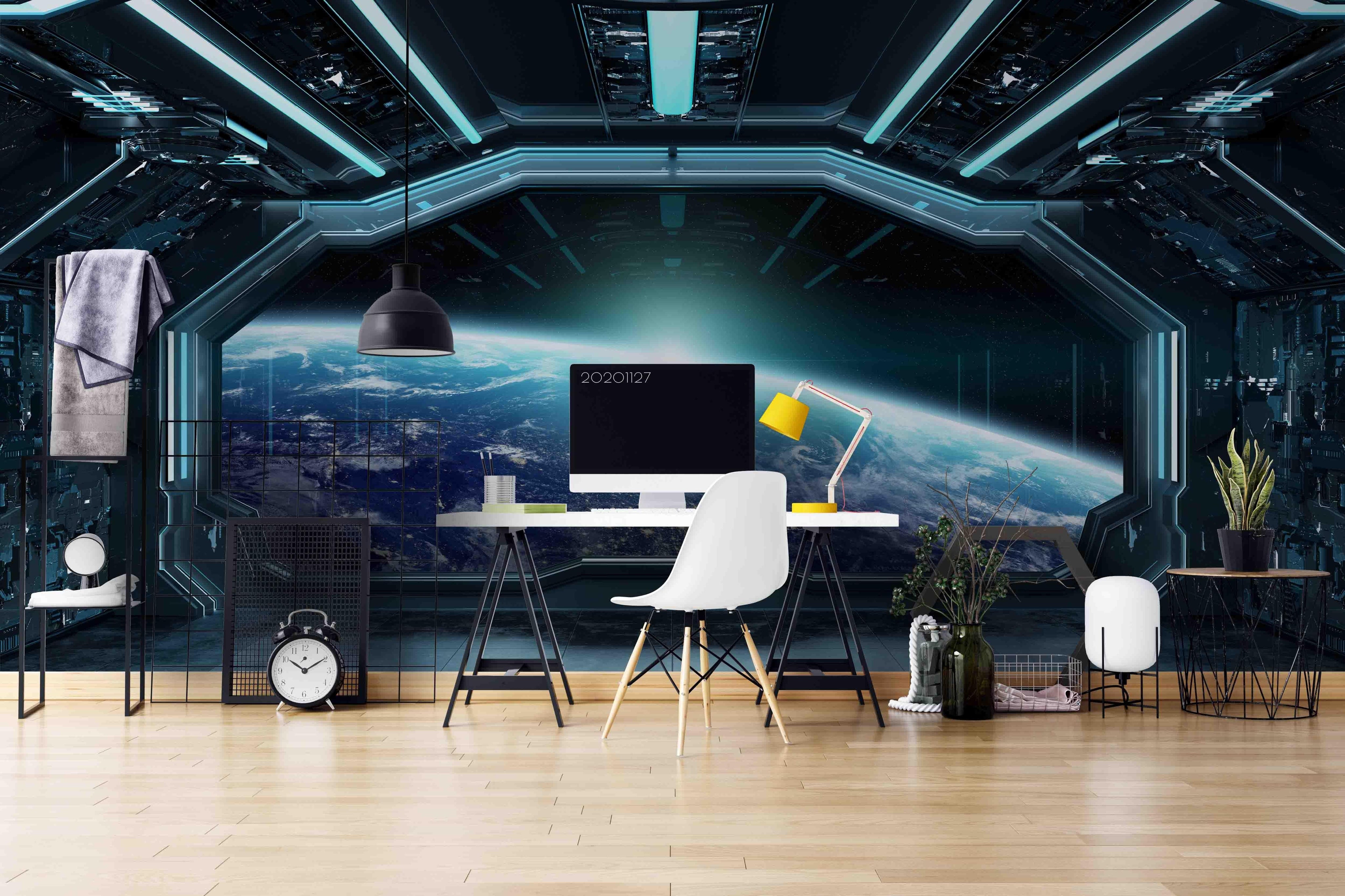 3D Space Dark Blue Spaceship Futuristic Interior Window View Planet Earth Mural Wallpaper LXL- Jess Art Decoration