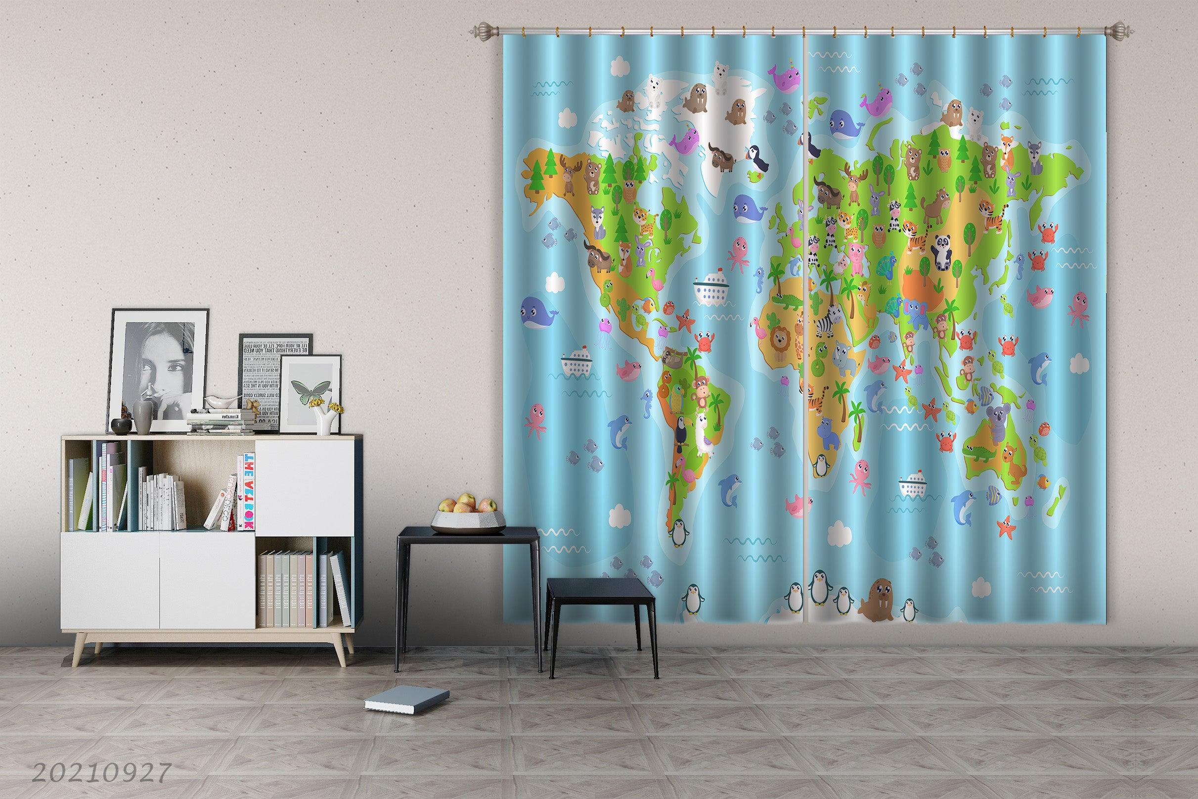 3D Blue World Map Kids Curtains and Drapes LQH 170- Jess Art Decoration