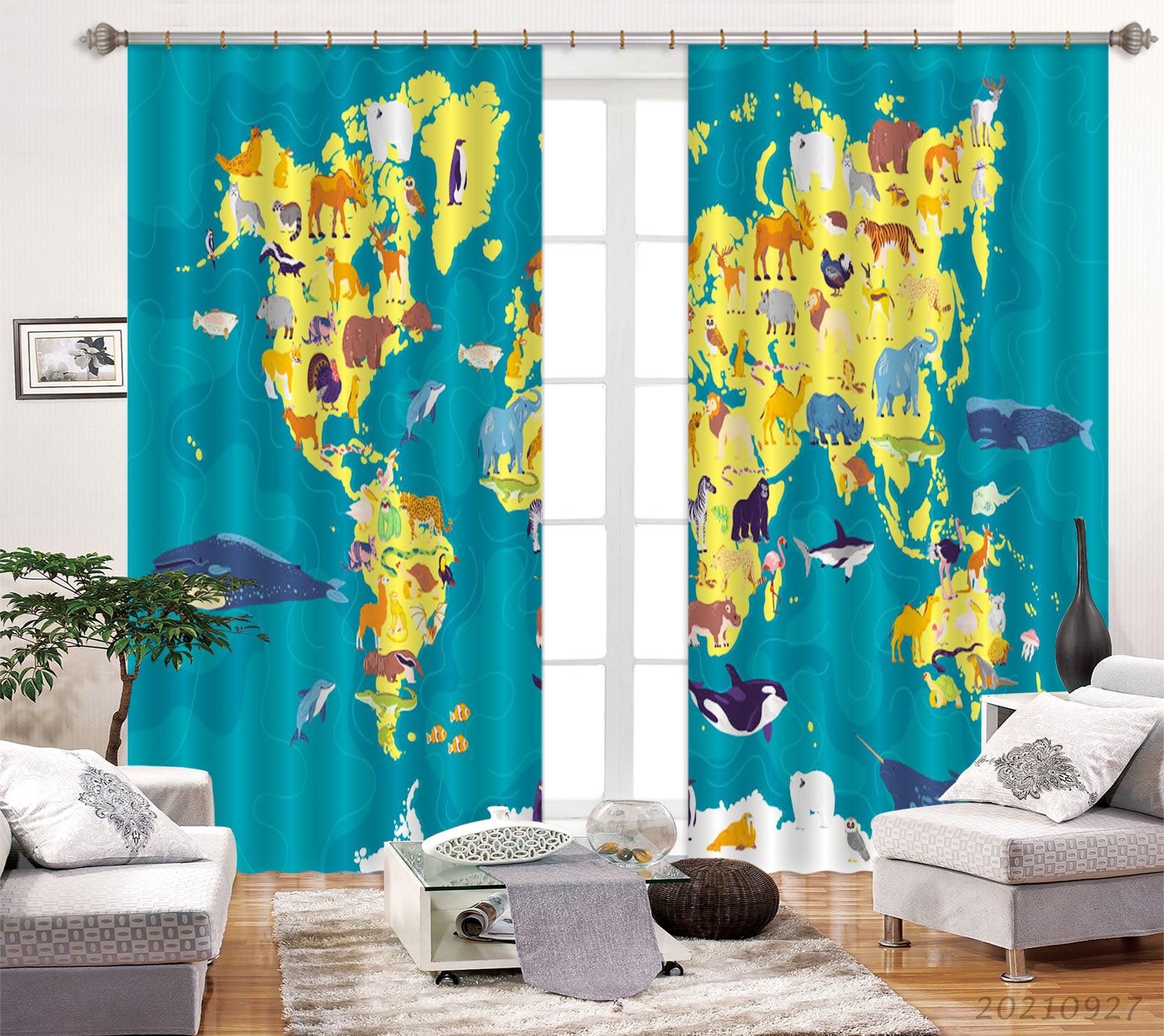 3D Blue World Map Animals Kids Curtains and Drapes LQH 221- Jess Art Decoration