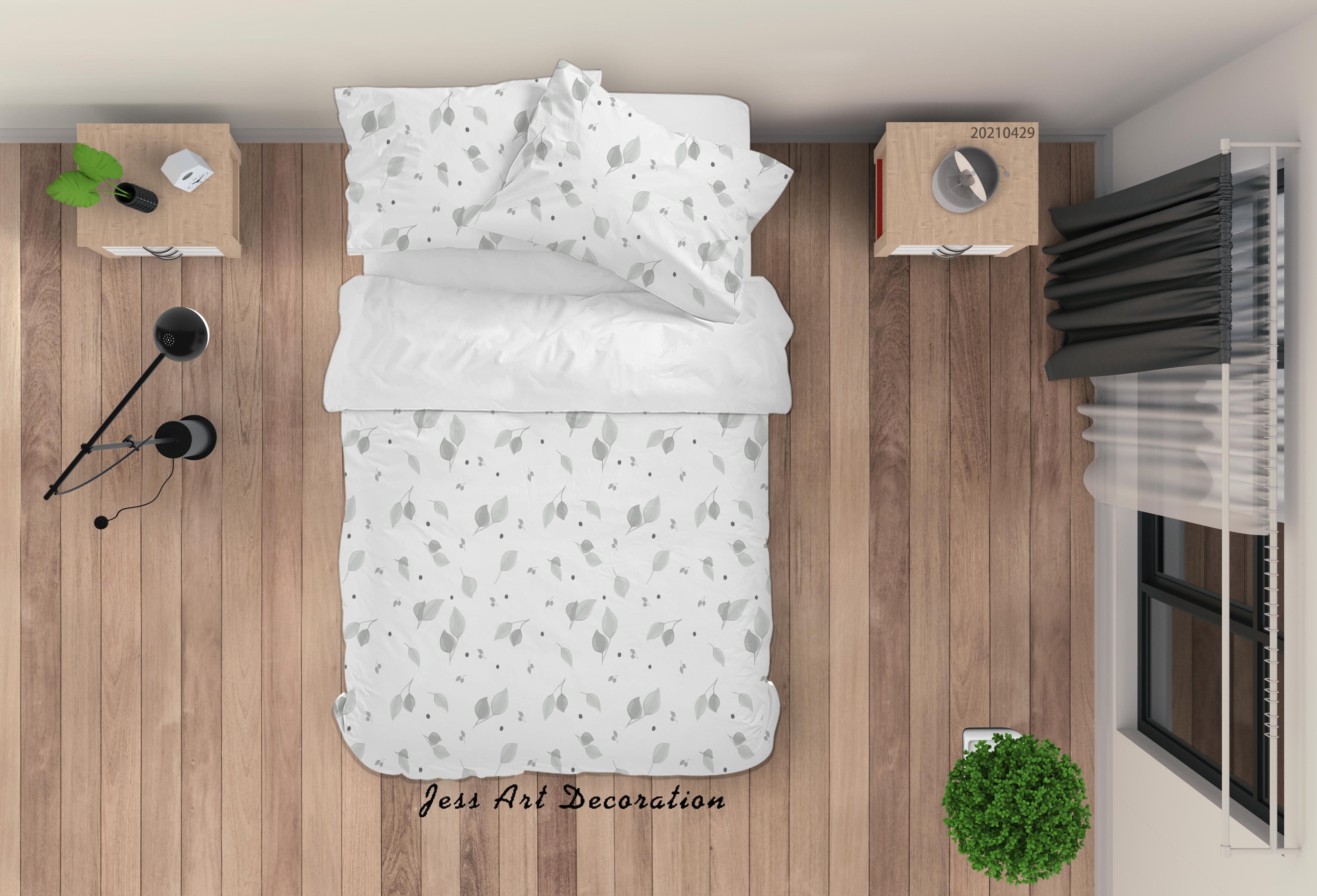 3D Watercolor Gray Leaves Quilt Cover Set Bedding Set Duvet Cover Pillowcases 169- Jess Art Decoration