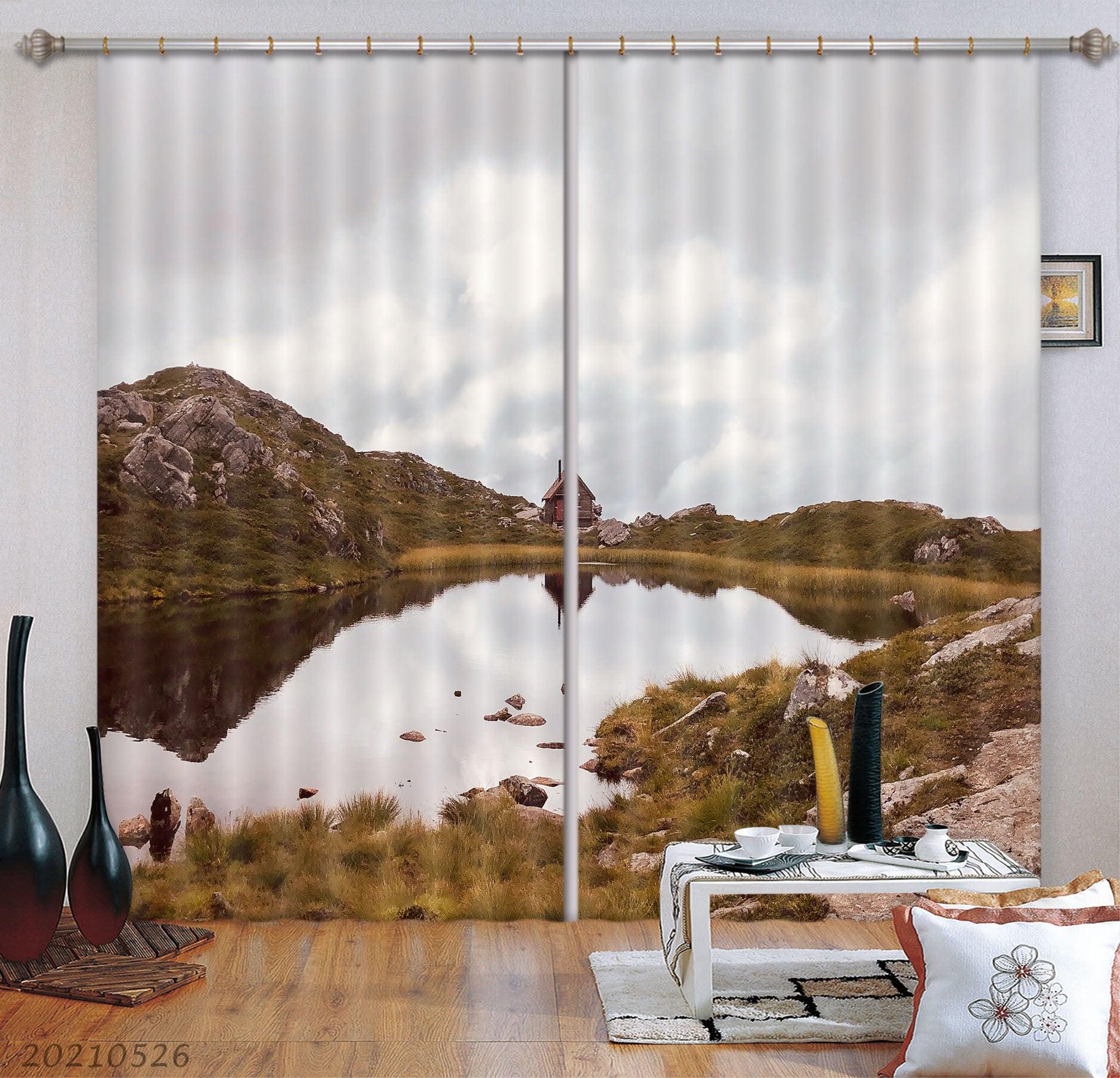 3D Autumn Lake Grass Stone Mountain Curtains and Drapes GD 396- Jess Art Decoration