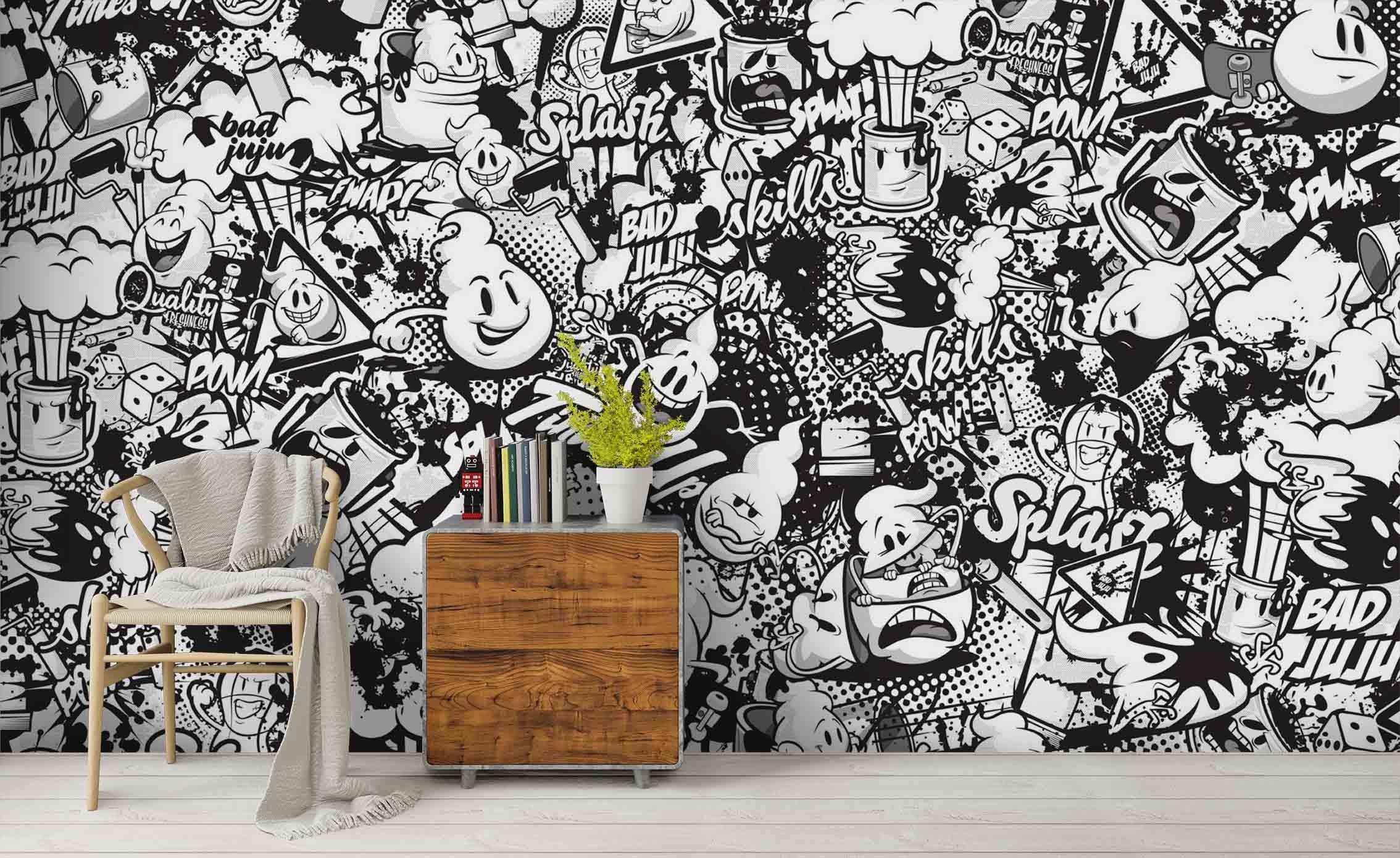 3D Black White Graffiti Doodle black white graffiti doodle wall wall mural wallpaper for office - view 2