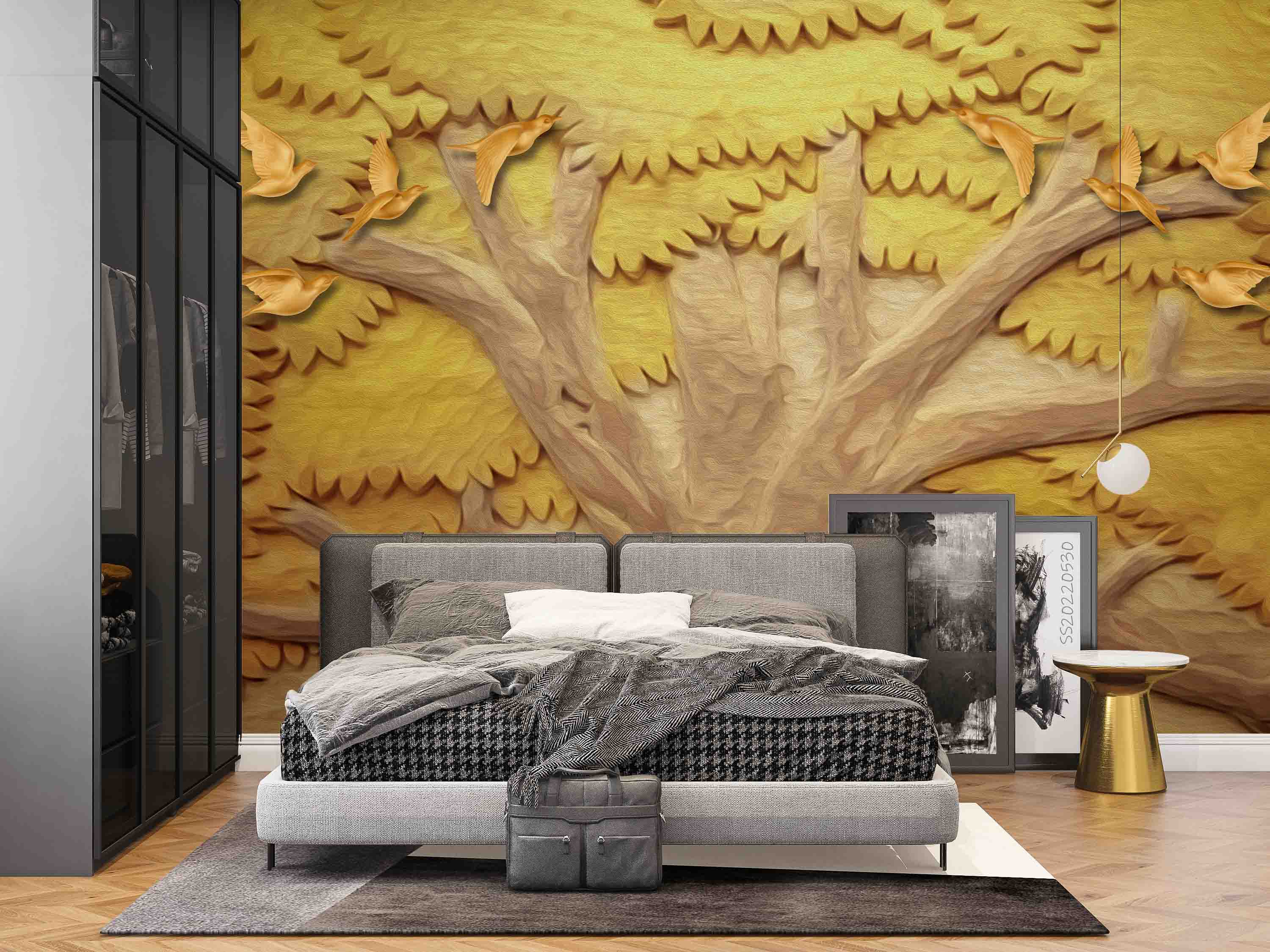 3D Embossed Golden Tree Leaf Bird Wall Mural Wallpaper GD 50- Jess Art Decoration