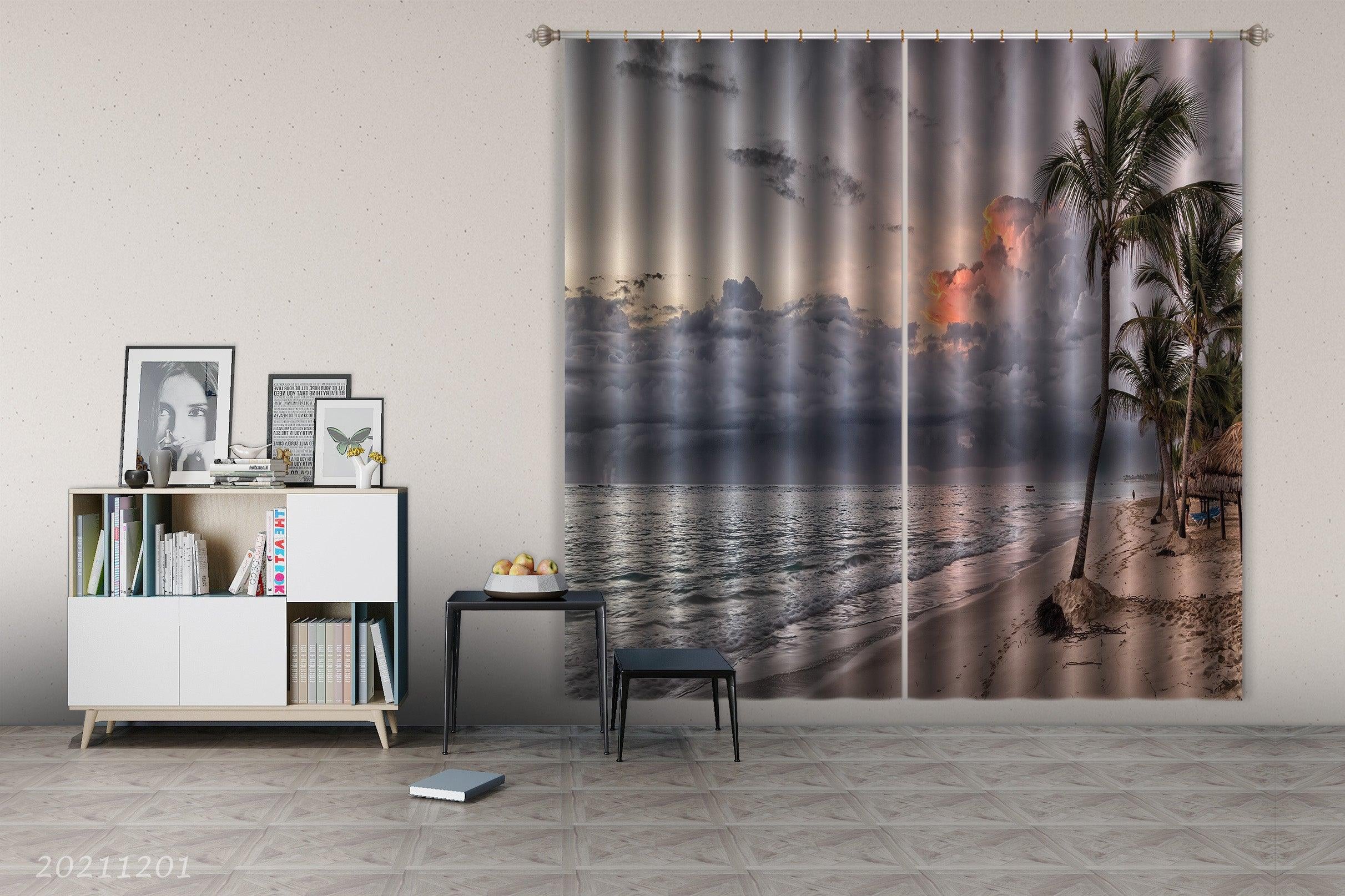 3D Beach Sea Spray Sky Blue Landscape Tropical Plant Curtains and Drapes LLL 281- Jess Art Decoration