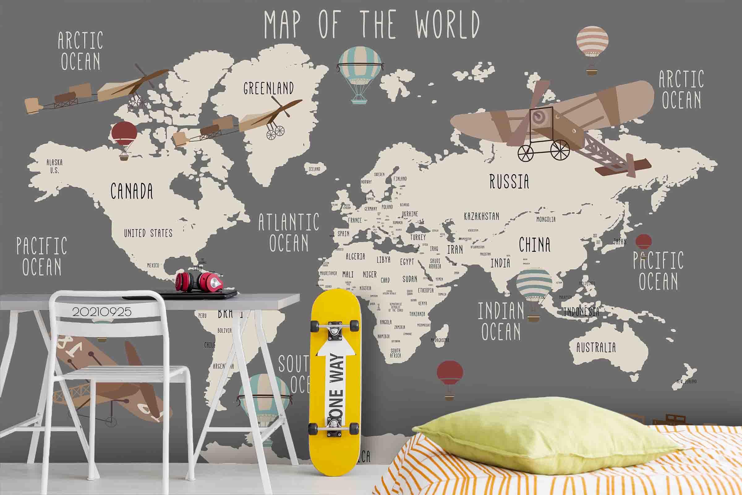 3D Gray World Map Airplane Wall Mural Wallpaper LQH 282- Jess Art Decoration