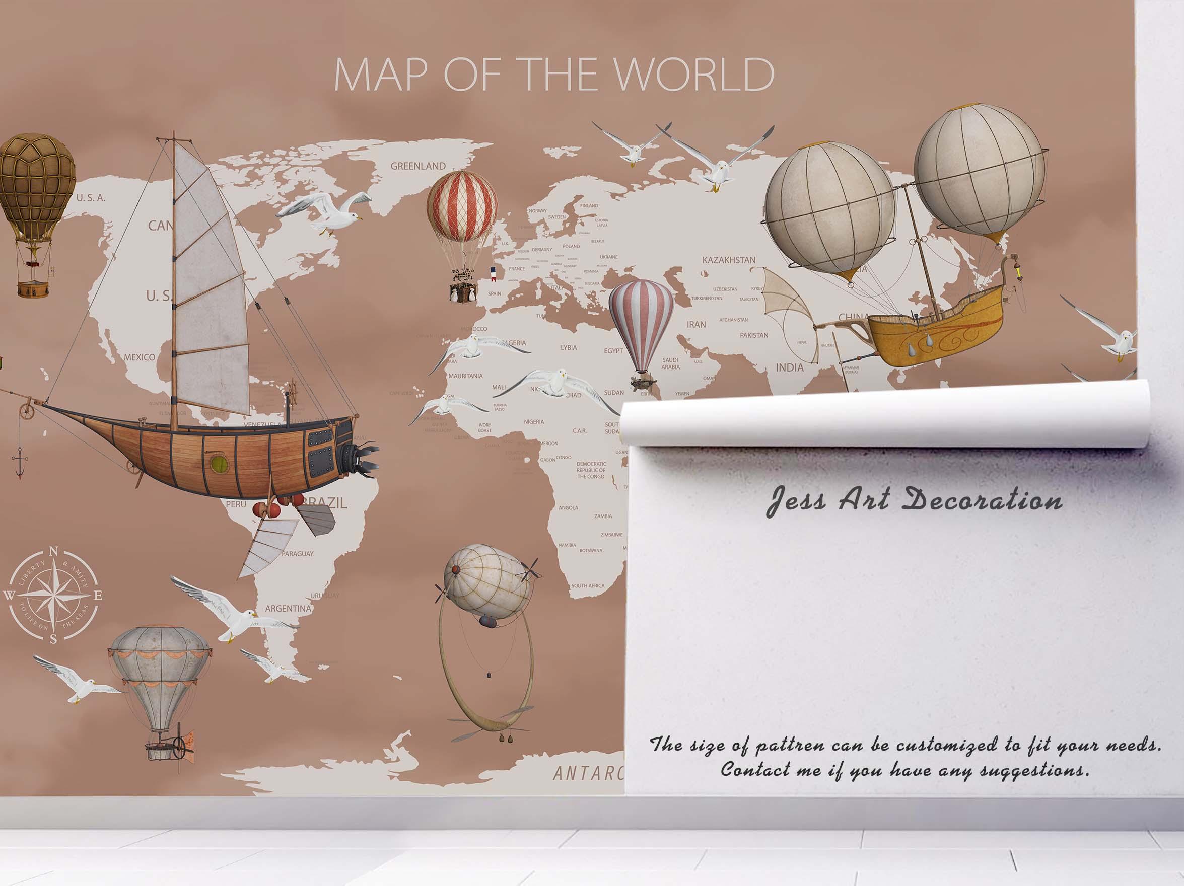 3D world map hot air balloon sailboat wall mural wallpaper 15- Jess Art Decoration