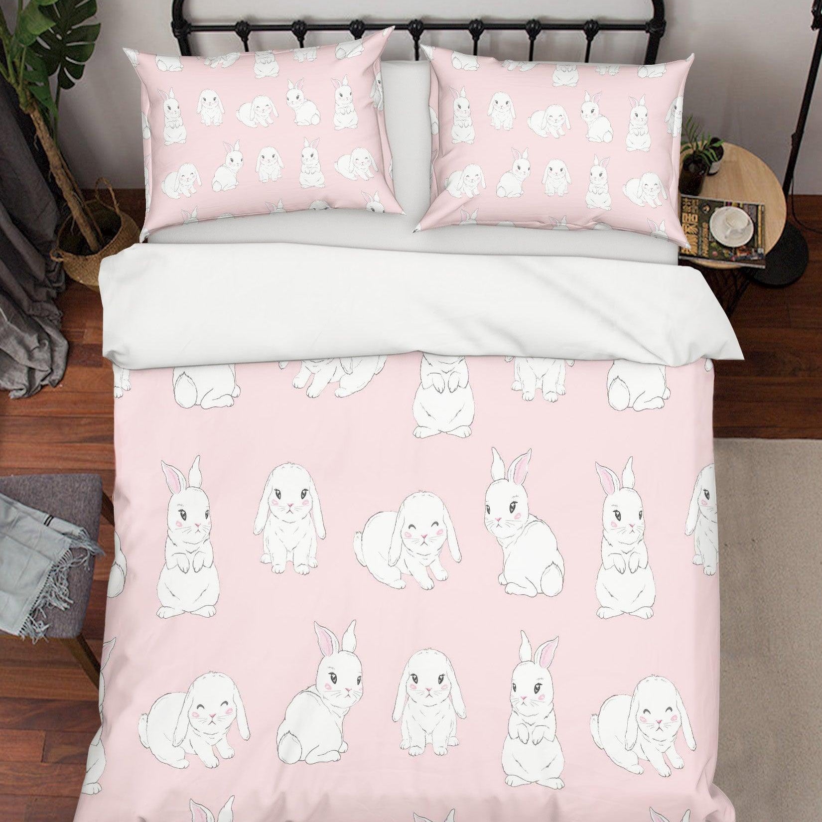 3D White Rabbit Pink Background Quilt Cover Set Bedding Set Pillowcases  17- Jess Art Decoration