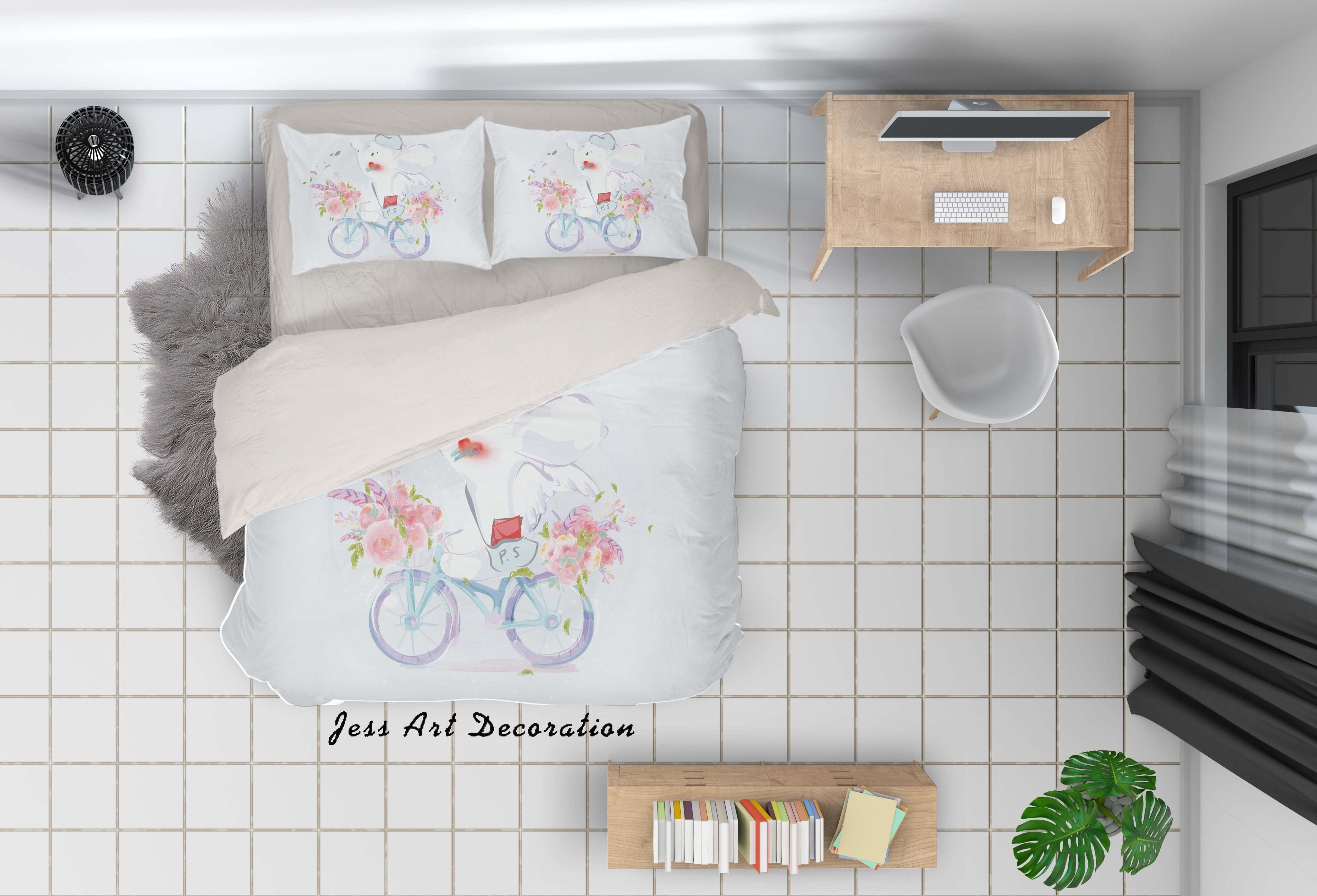 3D White Mouse Bike Floral Quilt Cover Set Bedding Set Duvet Cover Pillowcases SF75- Jess Art Decoration