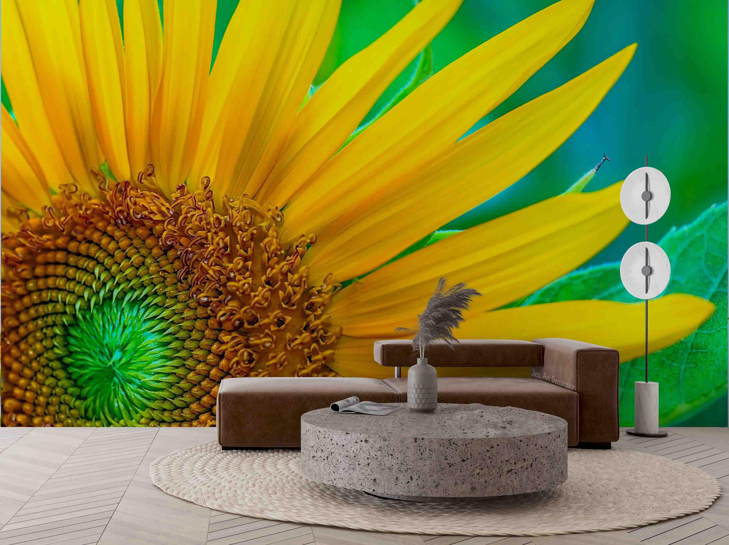 3D Golden Sunflower Green Leaf Wall Mural Wallpaper GD 2422- Jess Art Decoration