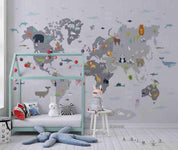 3D Grey World Map Animals Wall Mural Wallpaper LQH 297- Jess Art Decoration