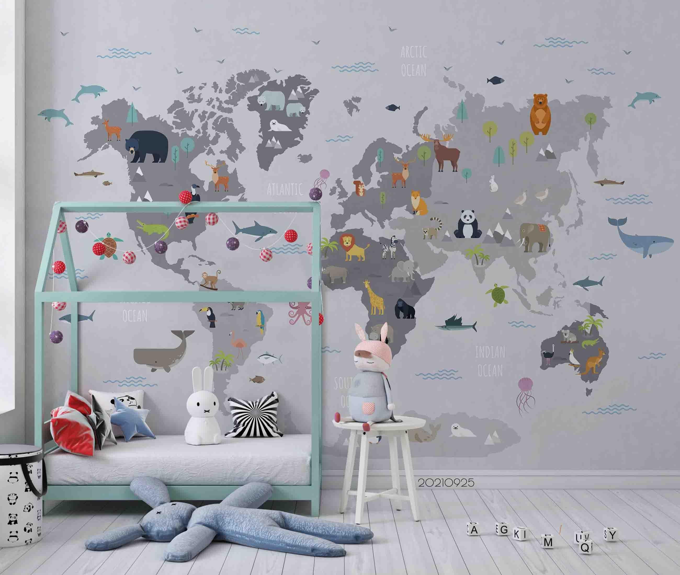 3D Grey World Map Animals Wall Mural Wallpaper LQH 297- Jess Art Decoration